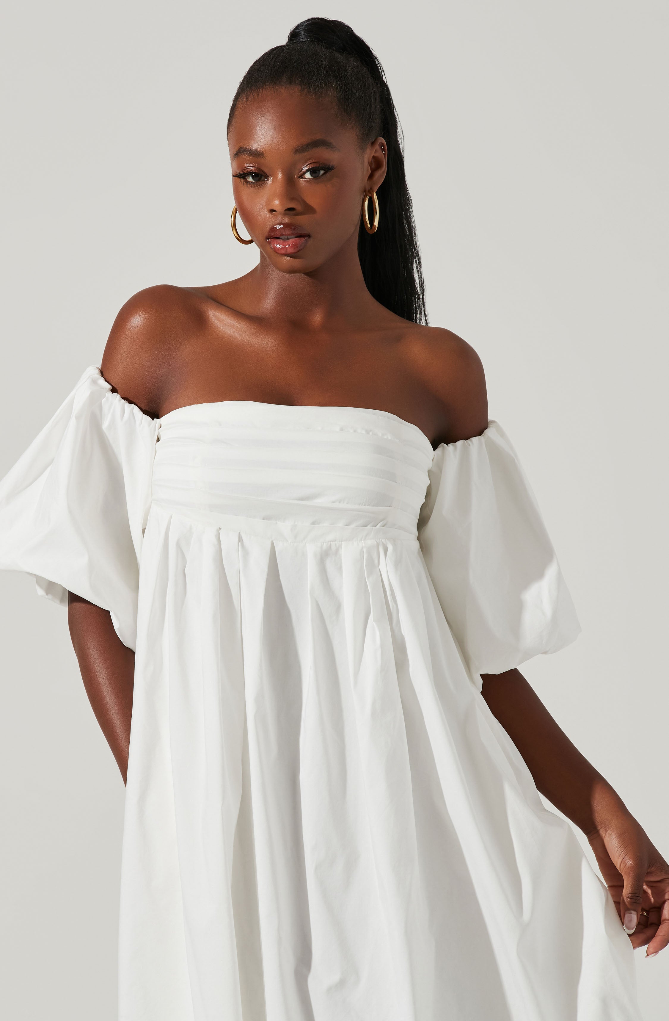 Carlin Off Shoulder Puff Sleeve Midi Dress-Aljck