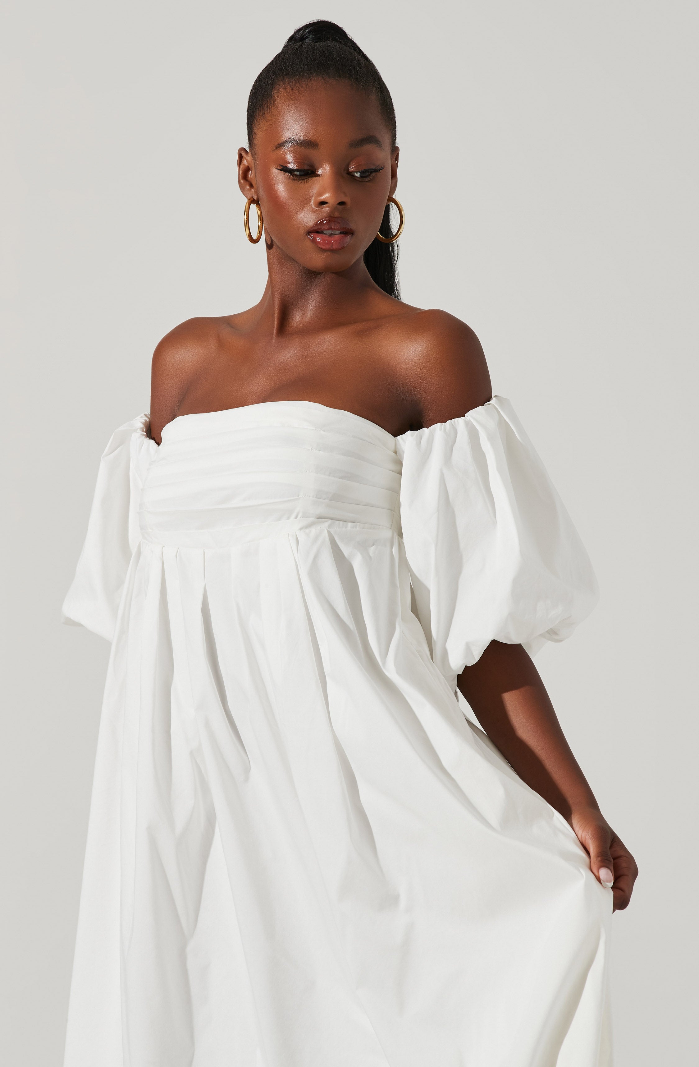Carlin Off Shoulder Puff Sleeve Midi Dress-Aljck