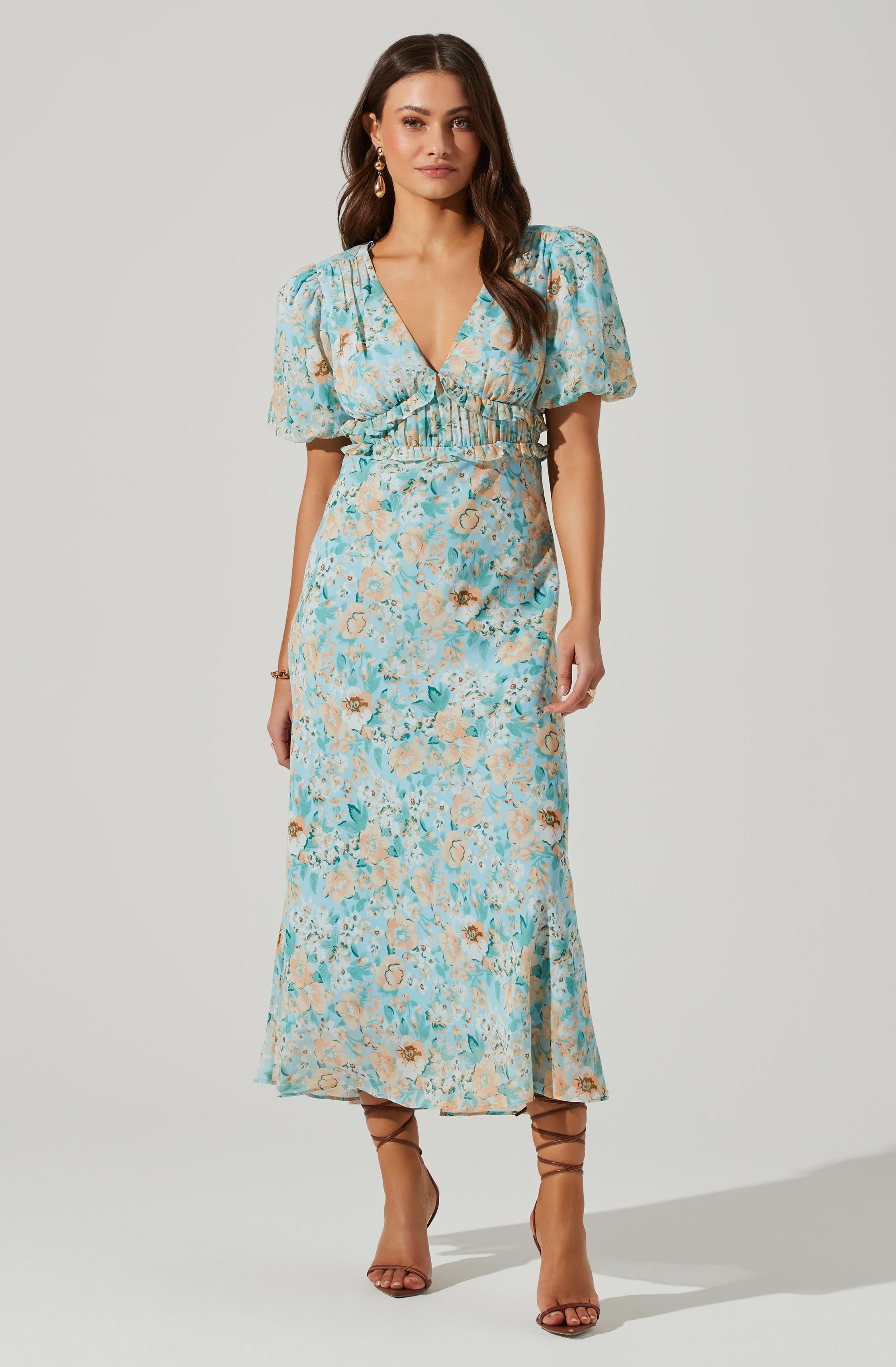 Esperanza Floral Puff Sleeve Midi Dress-Aljck