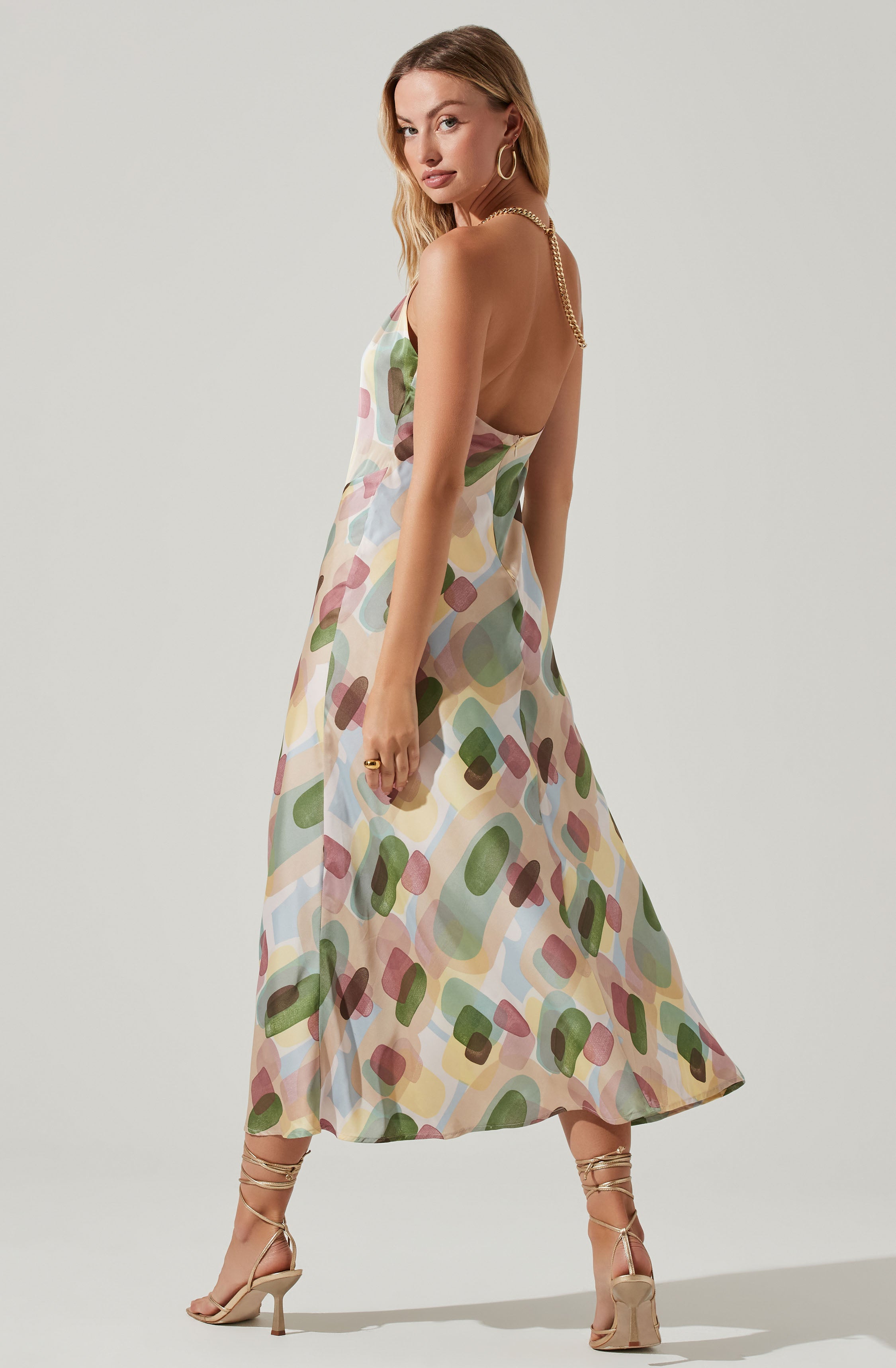 Kazia Geo Print Halter Chain Strap Midi Dress-Aljck