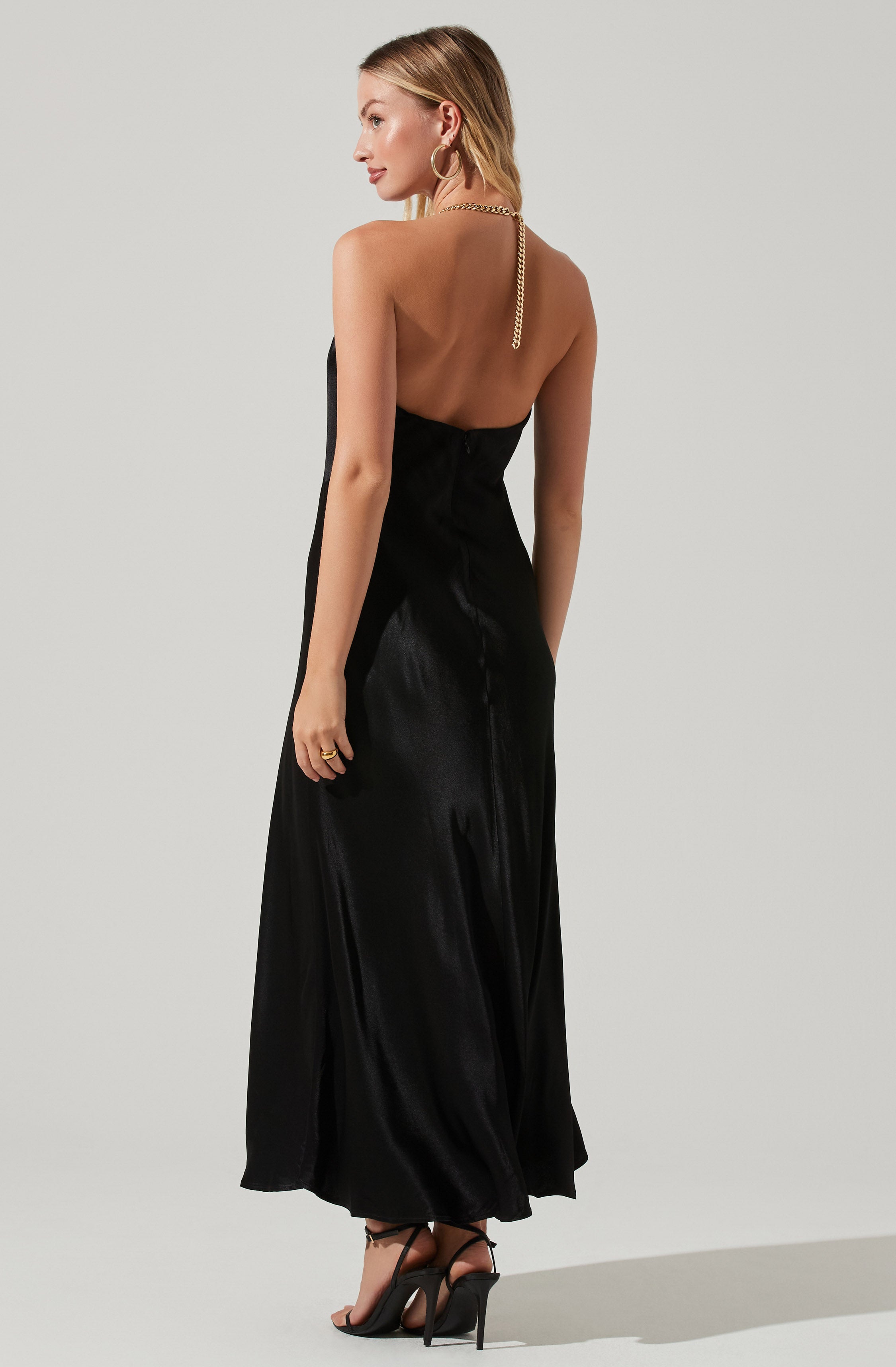 Kazia Satin Halter Chain Maxi Dress-Aljck