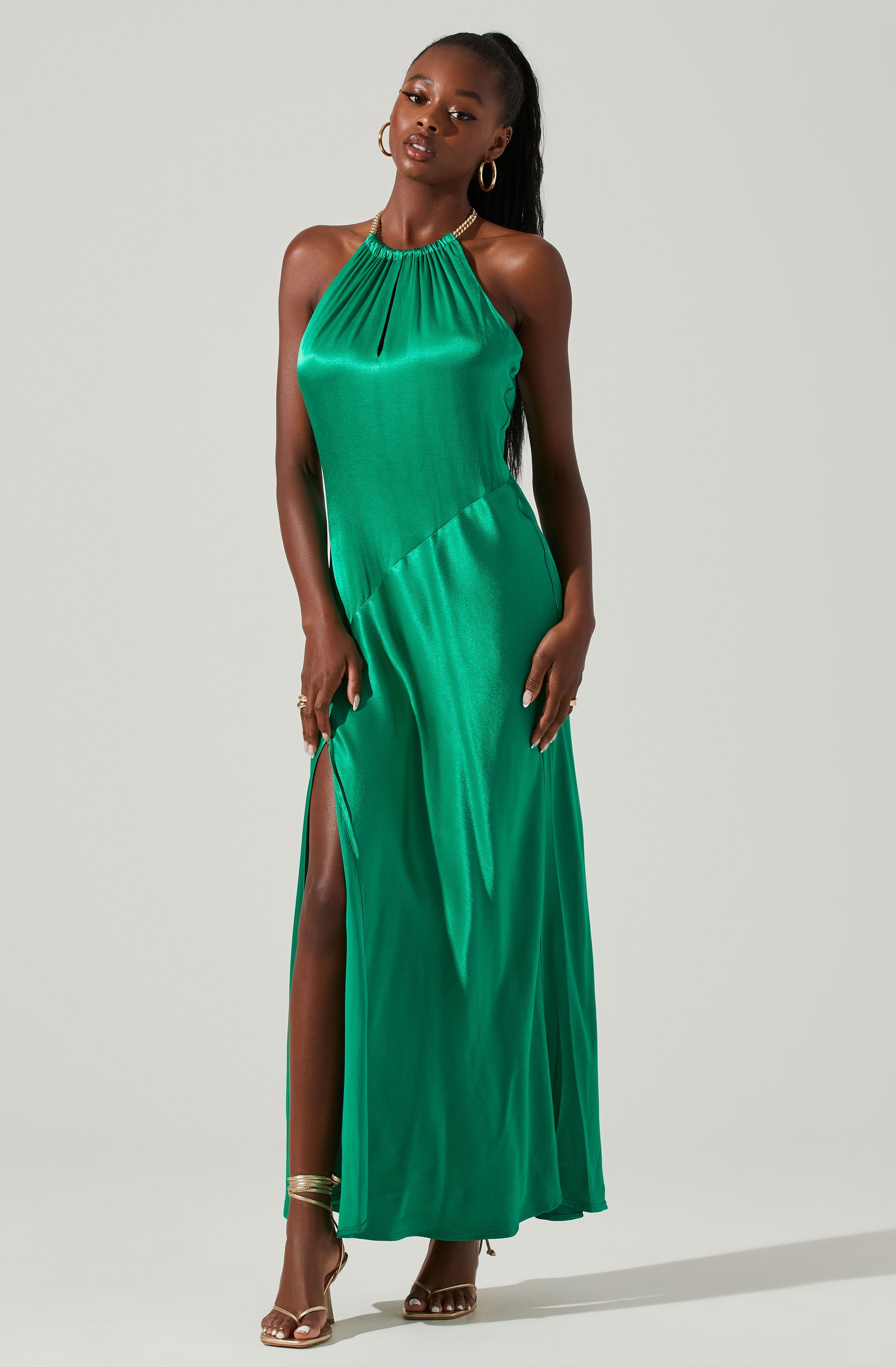 Kazia Satin Halter Chain Maxi Dress-Aljck
