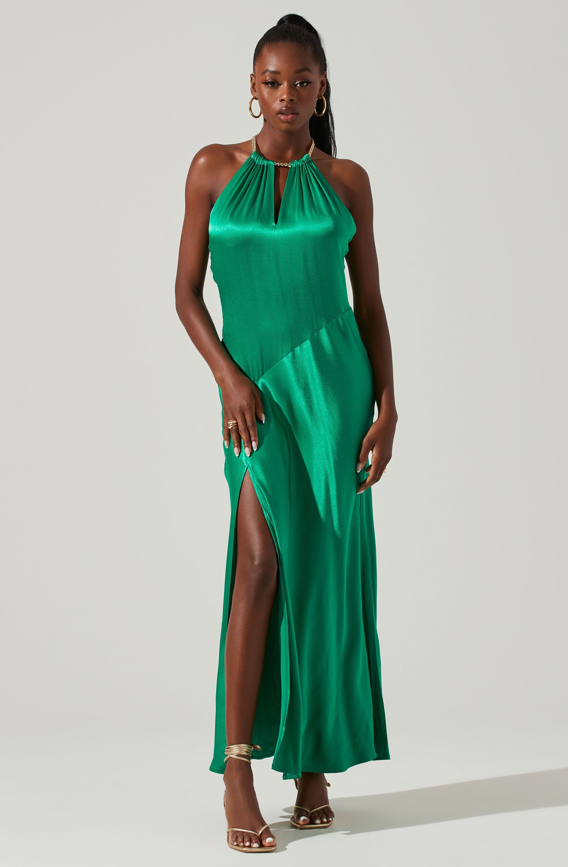 Kazia Satin Halter Chain Maxi Dress-Aljck