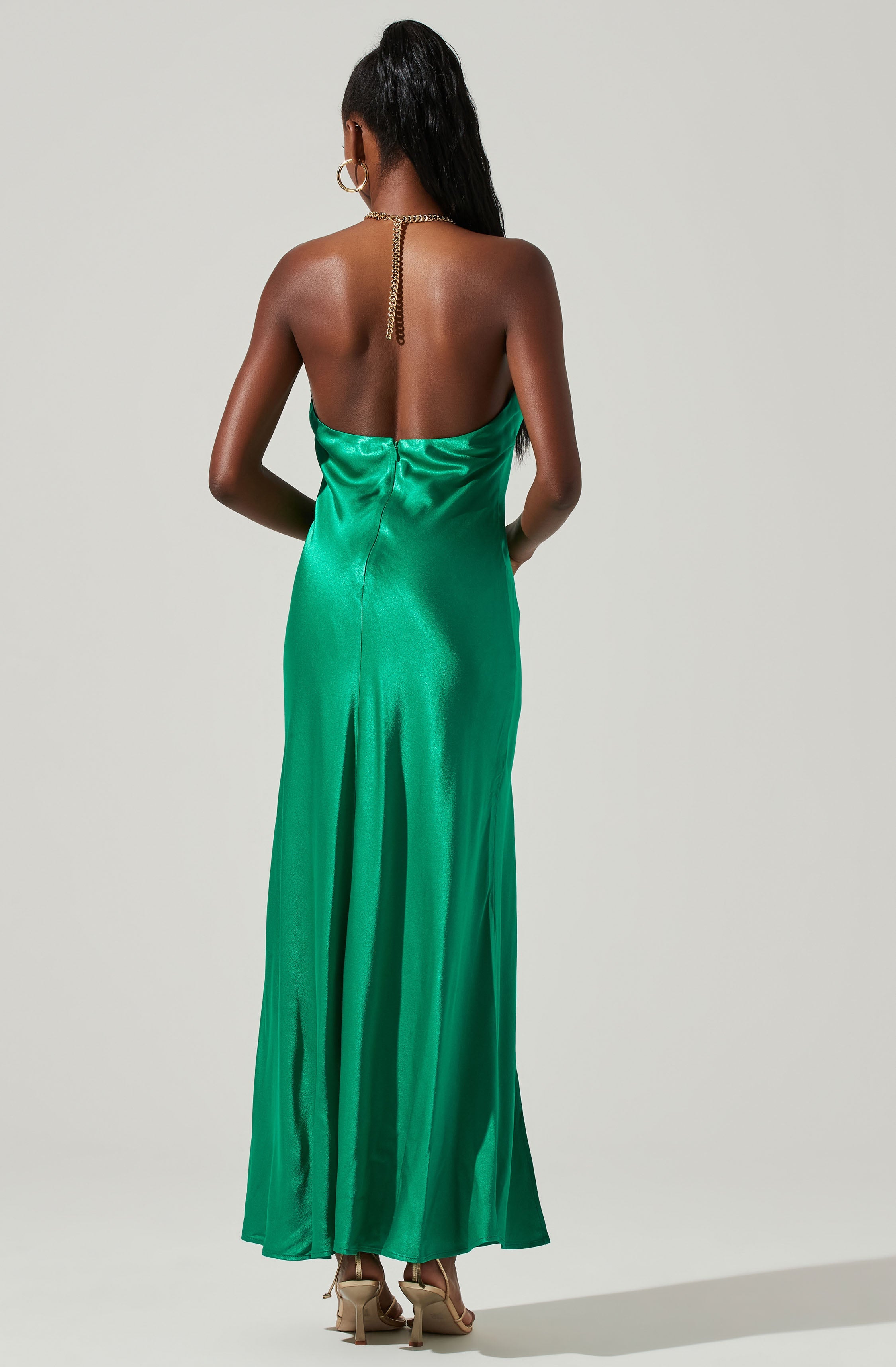Kazia Satin Halter Chain Maxi Dress-Aljck