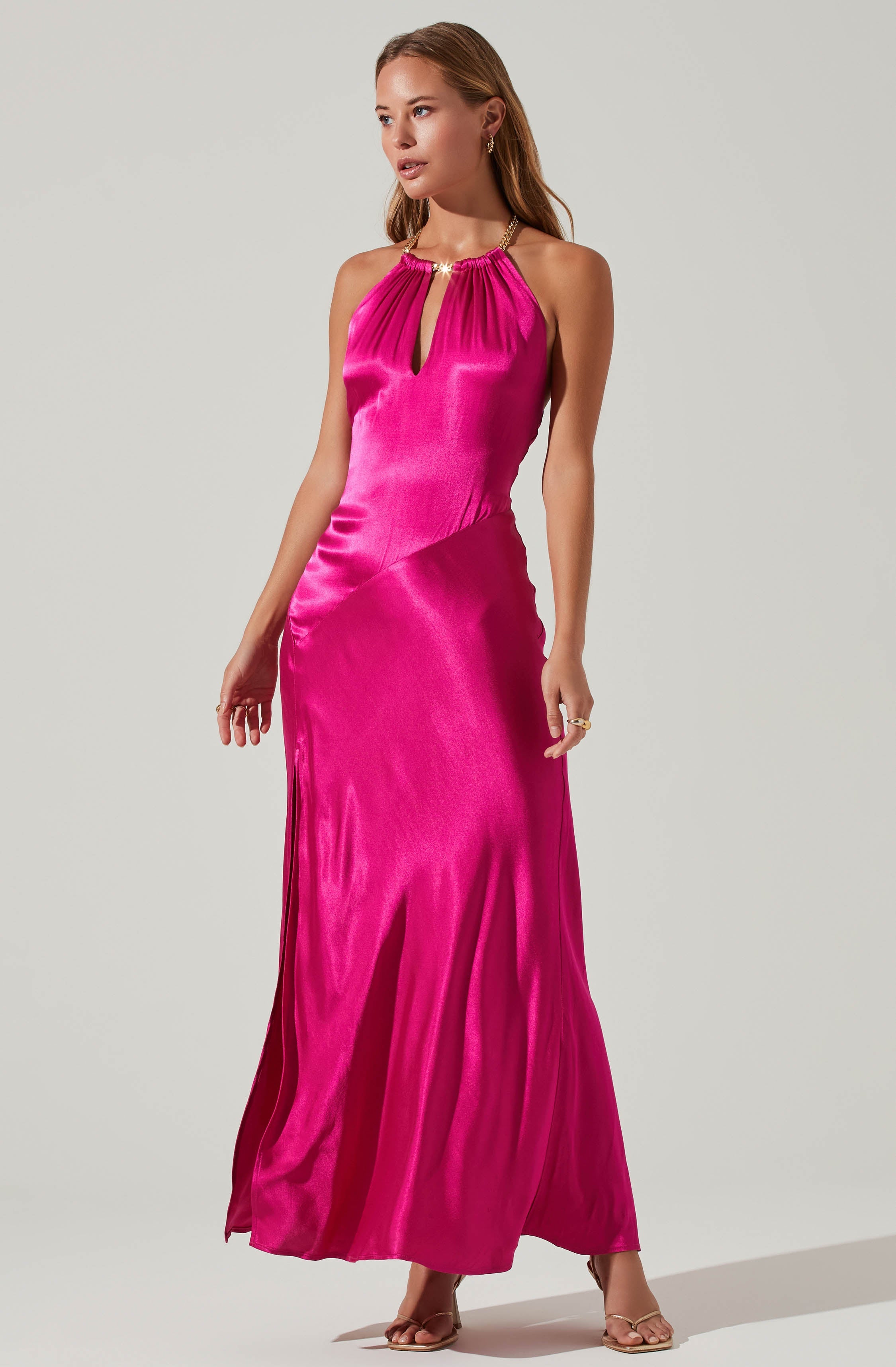 Kazia Satin Halter Chain Maxi Dress-Aljck