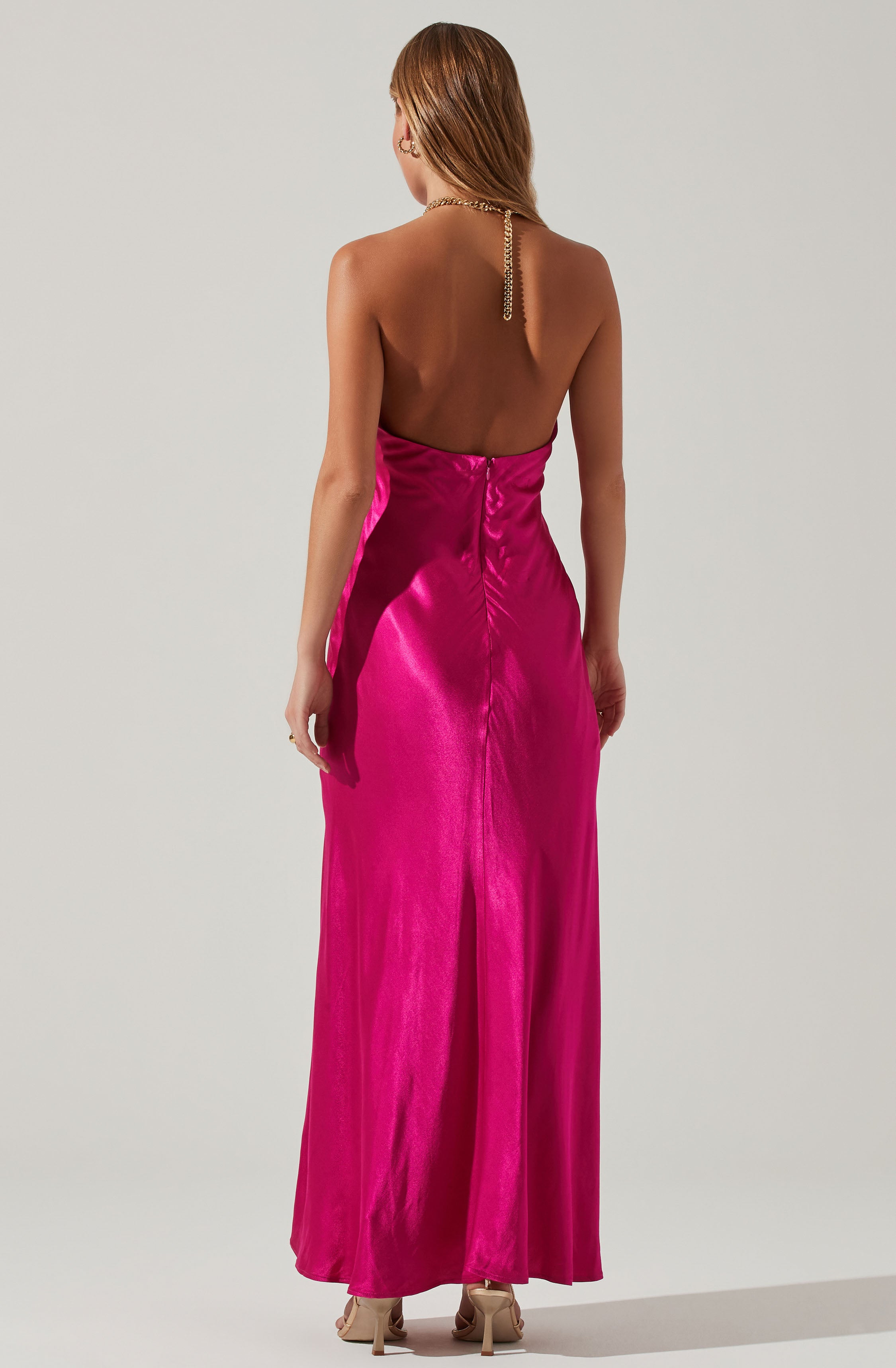 Kazia Satin Halter Chain Maxi Dress-Aljck