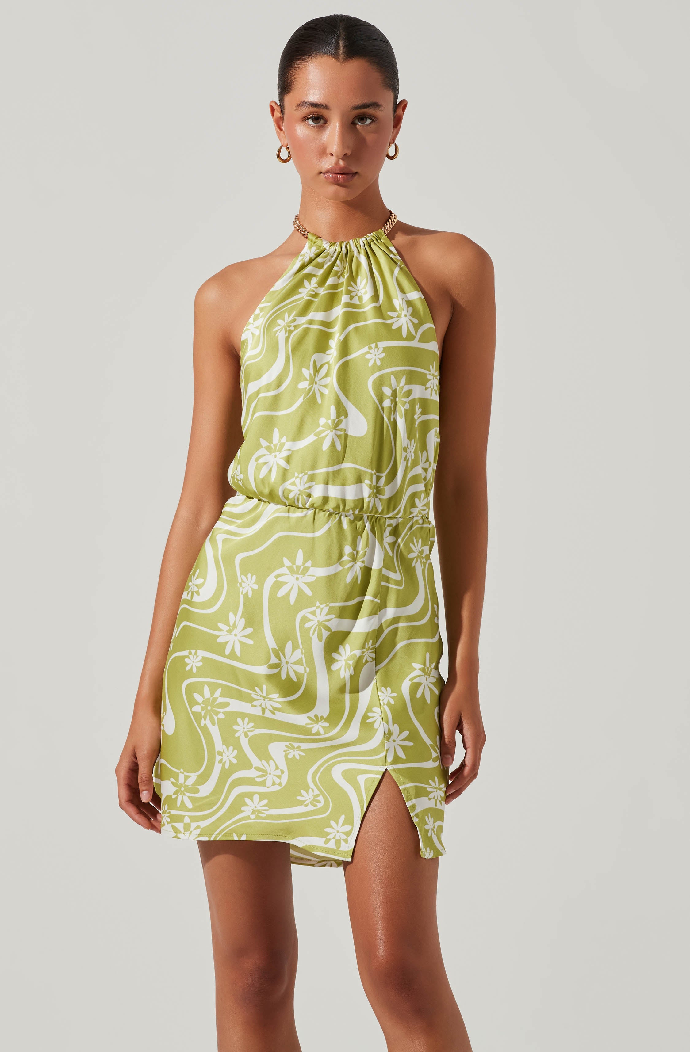 Quinta Retro Floral Halter Mini Dress-Aljck