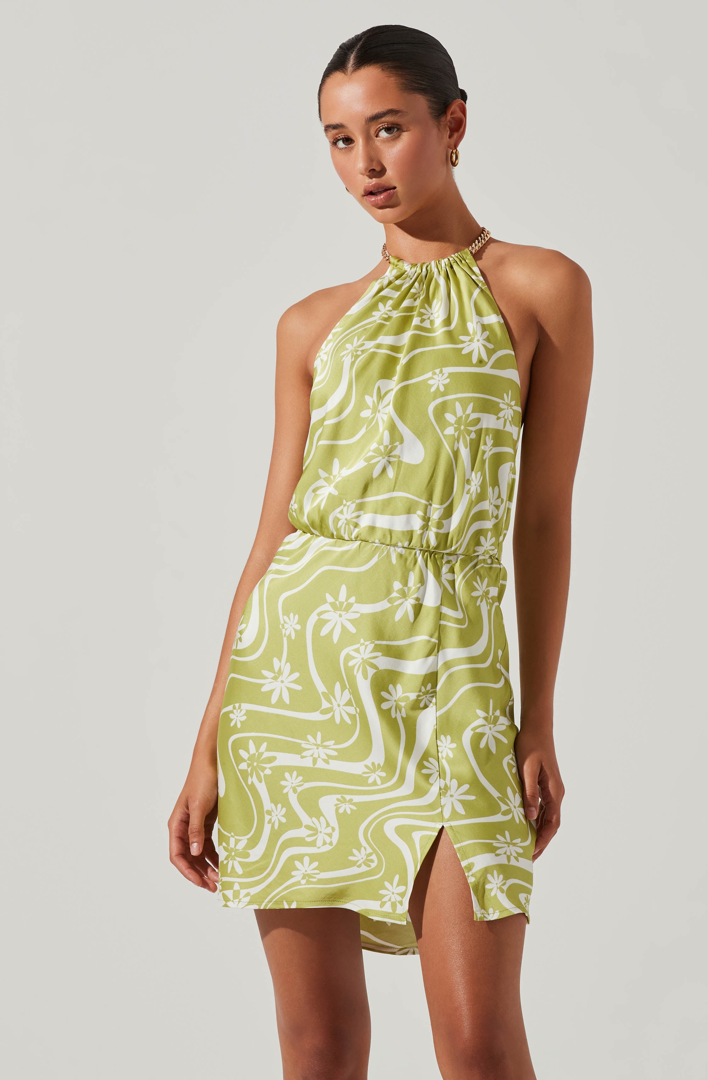 Quinta Retro Floral Halter Mini Dress-Aljck