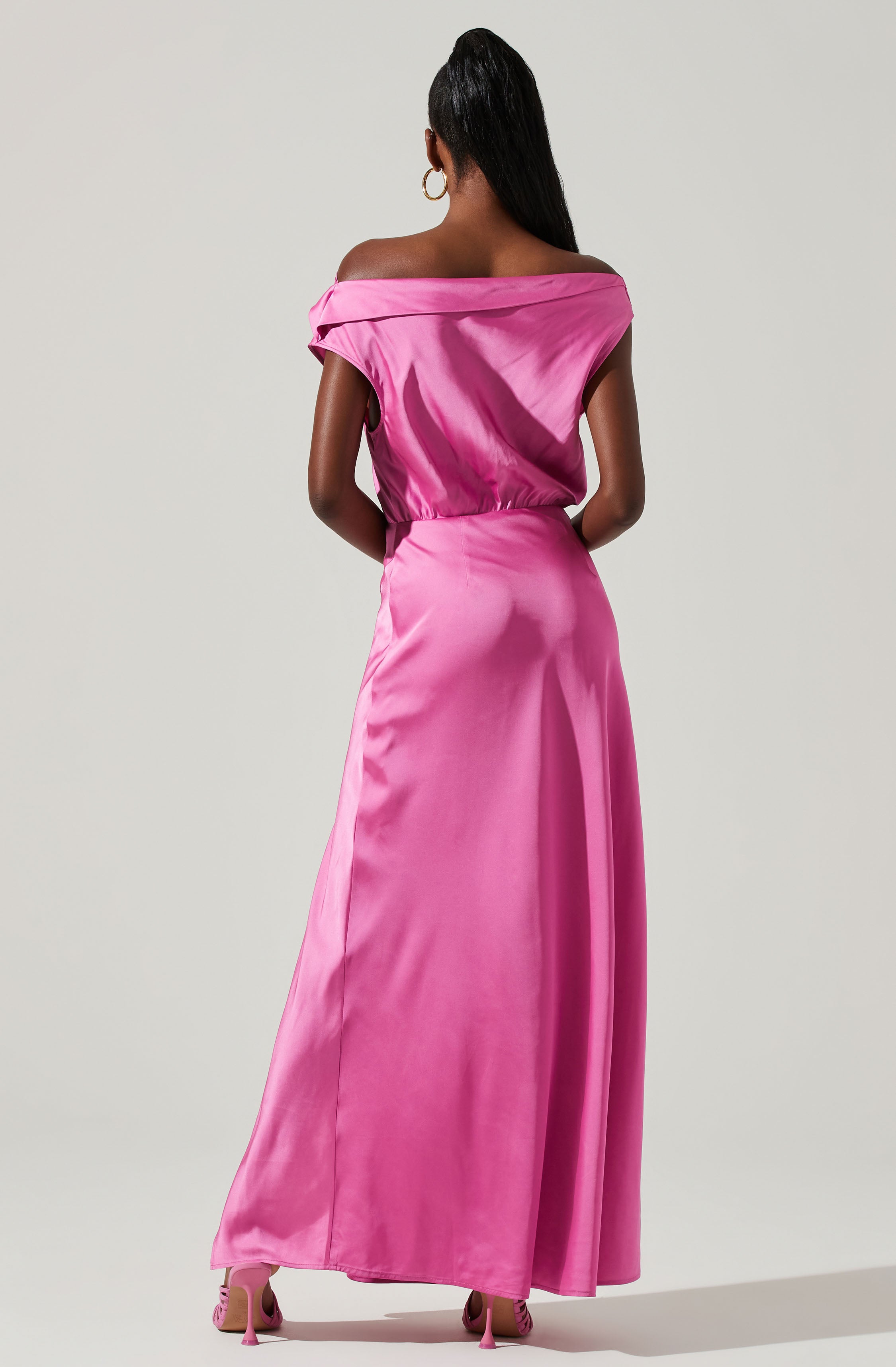 Monroe Satin Off Shoulder Maxi Dress-Aljck