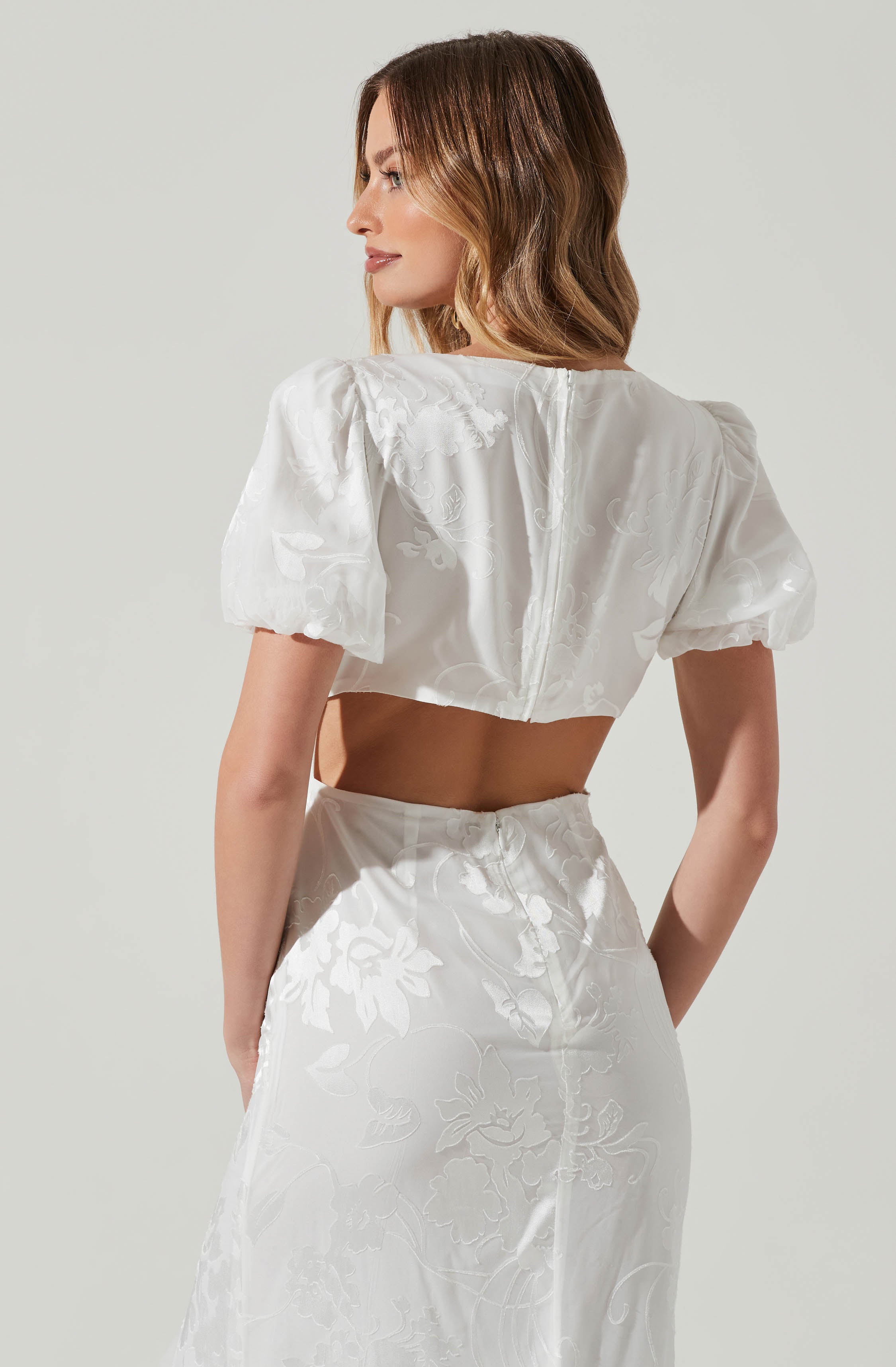 Dayanara Floral Burnout Puff Sleeve Midi Dress-Aljck