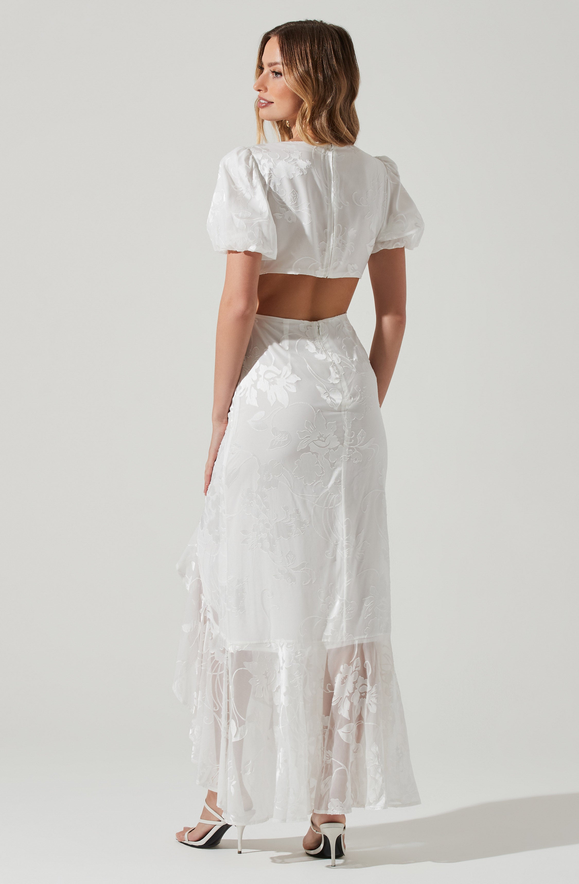 Dayanara Floral Burnout Puff Sleeve Midi Dress-Aljck