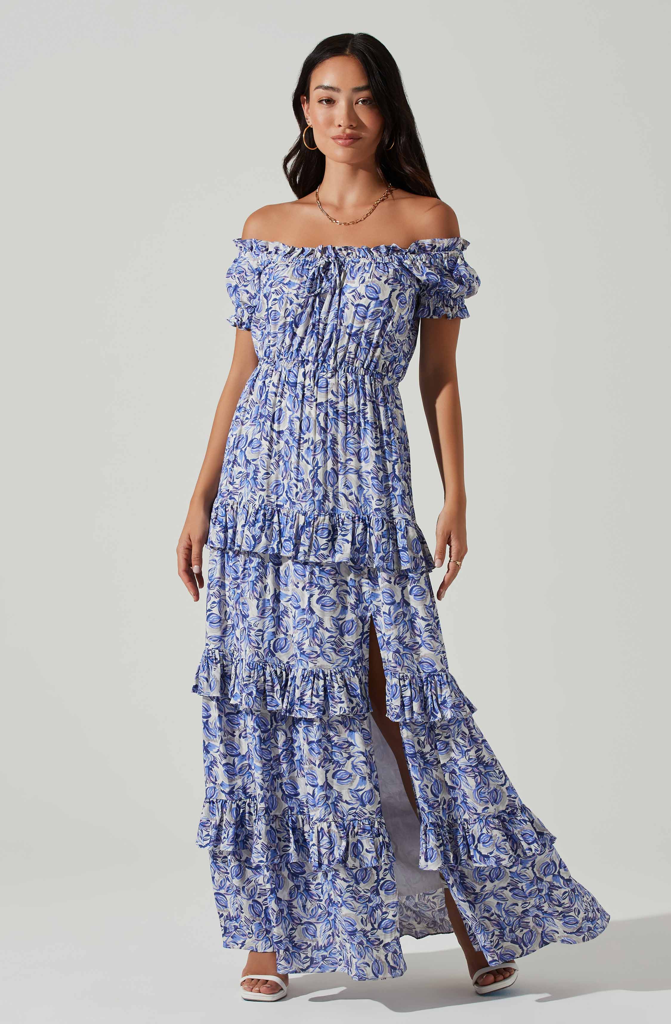Viona Floral Off Shoulder Tiered Maxi Dress-Aljck