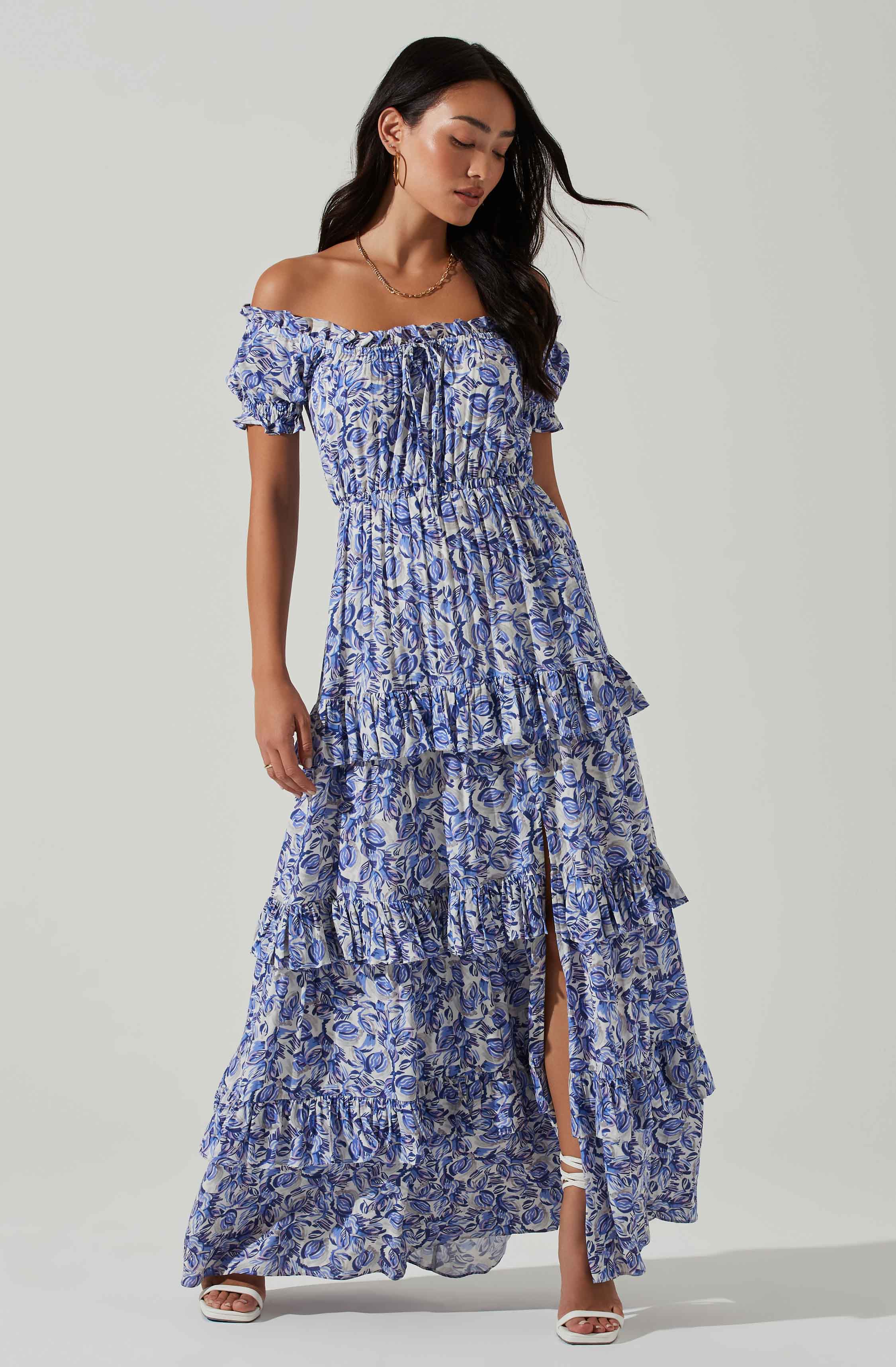 Viona Floral Off Shoulder Tiered Maxi Dress-Aljck