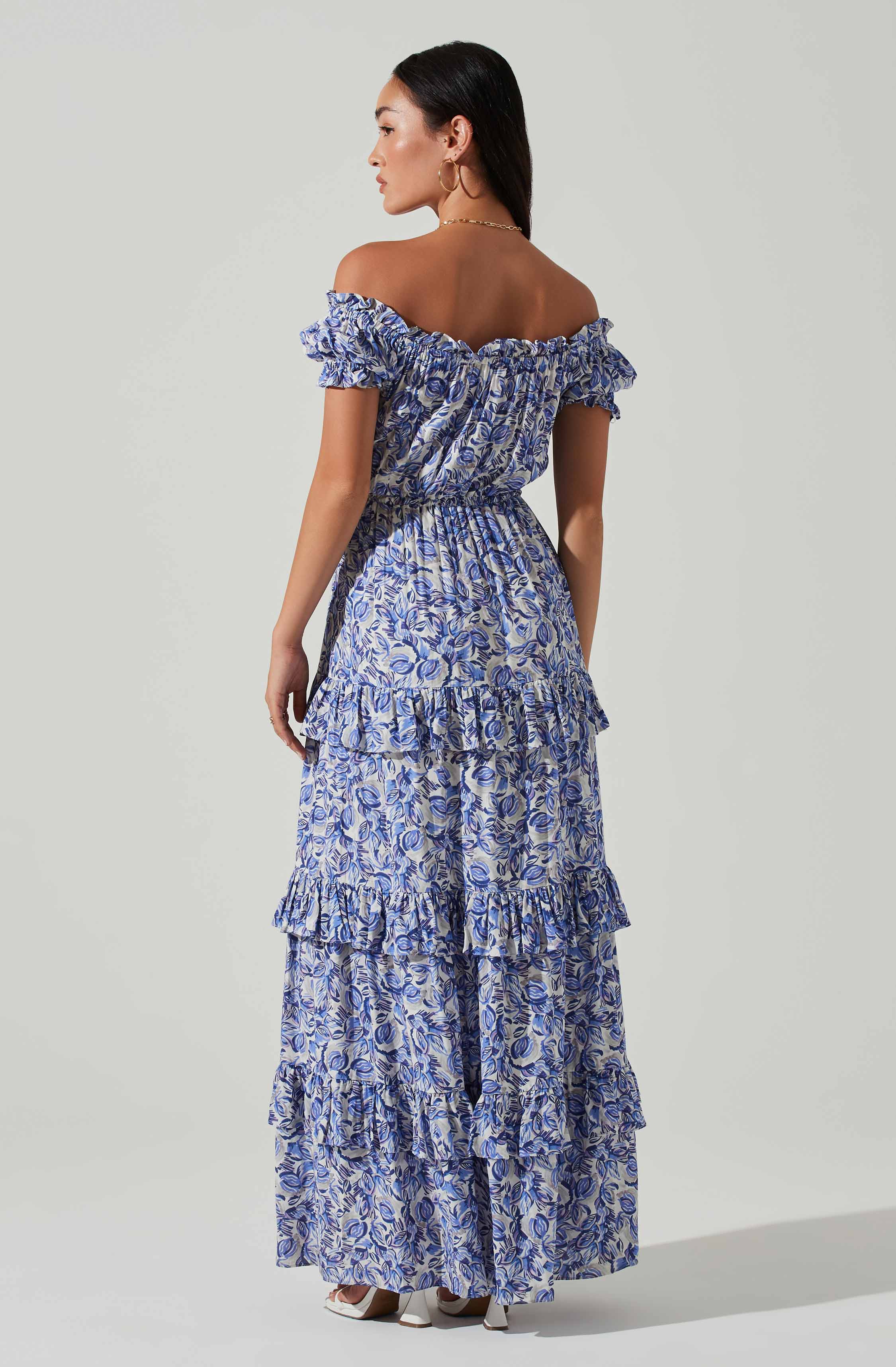 Viona Floral Off Shoulder Tiered Maxi Dress-Aljck
