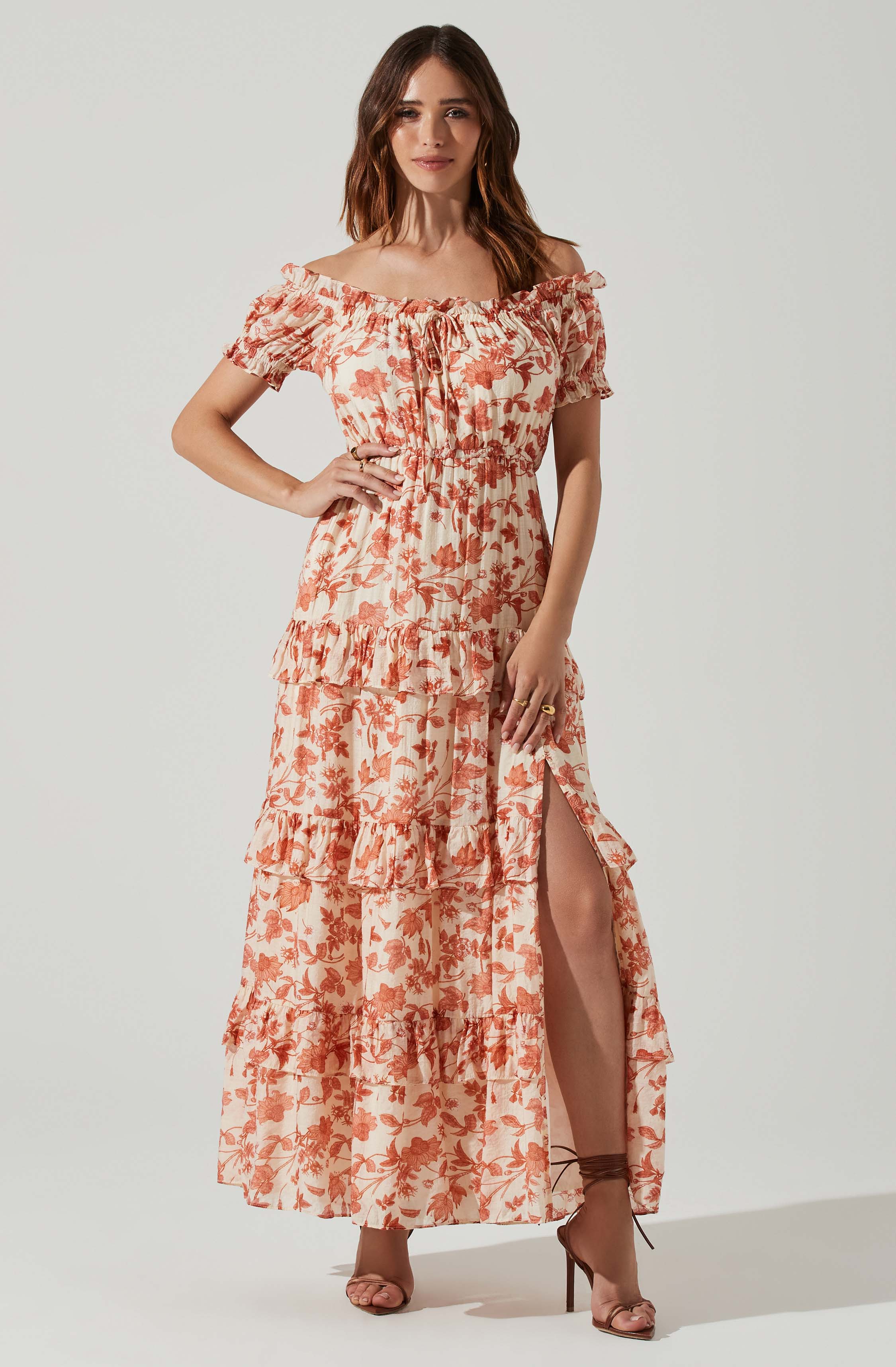 Viona Floral Off Shoulder Tiered Maxi Dress-Aljck