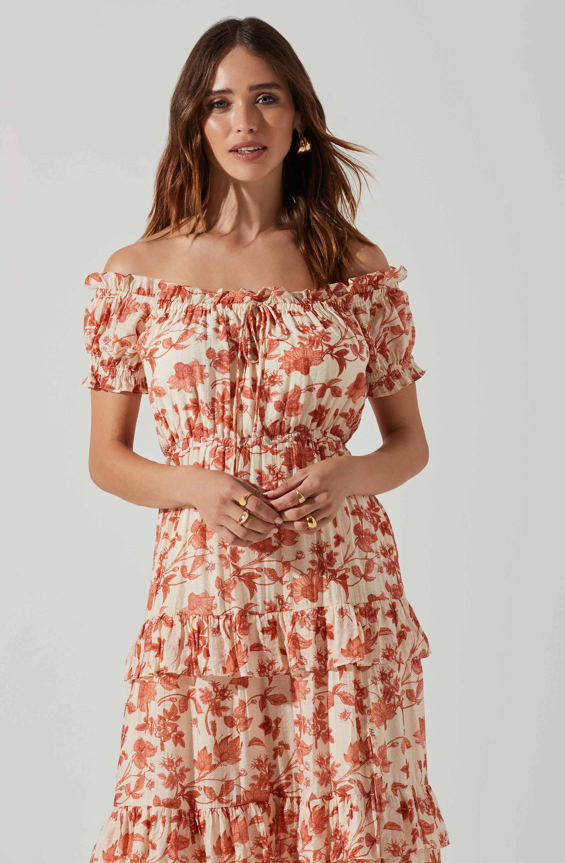 Viona Floral Off Shoulder Tiered Maxi Dress-Aljck
