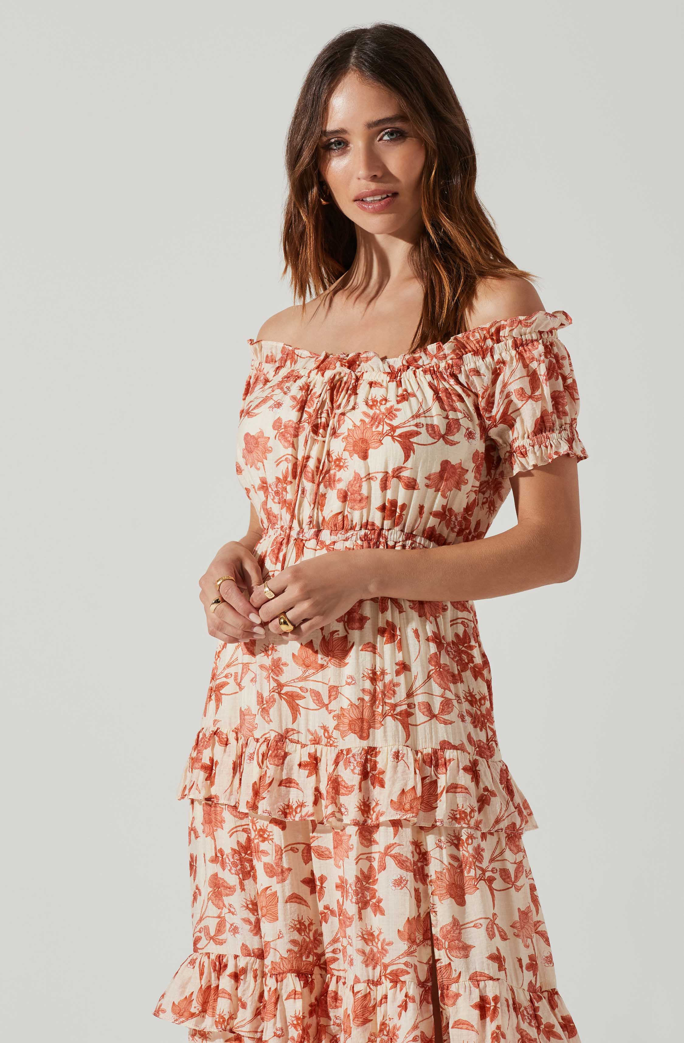 Viona Floral Off Shoulder Tiered Maxi Dress-Aljck