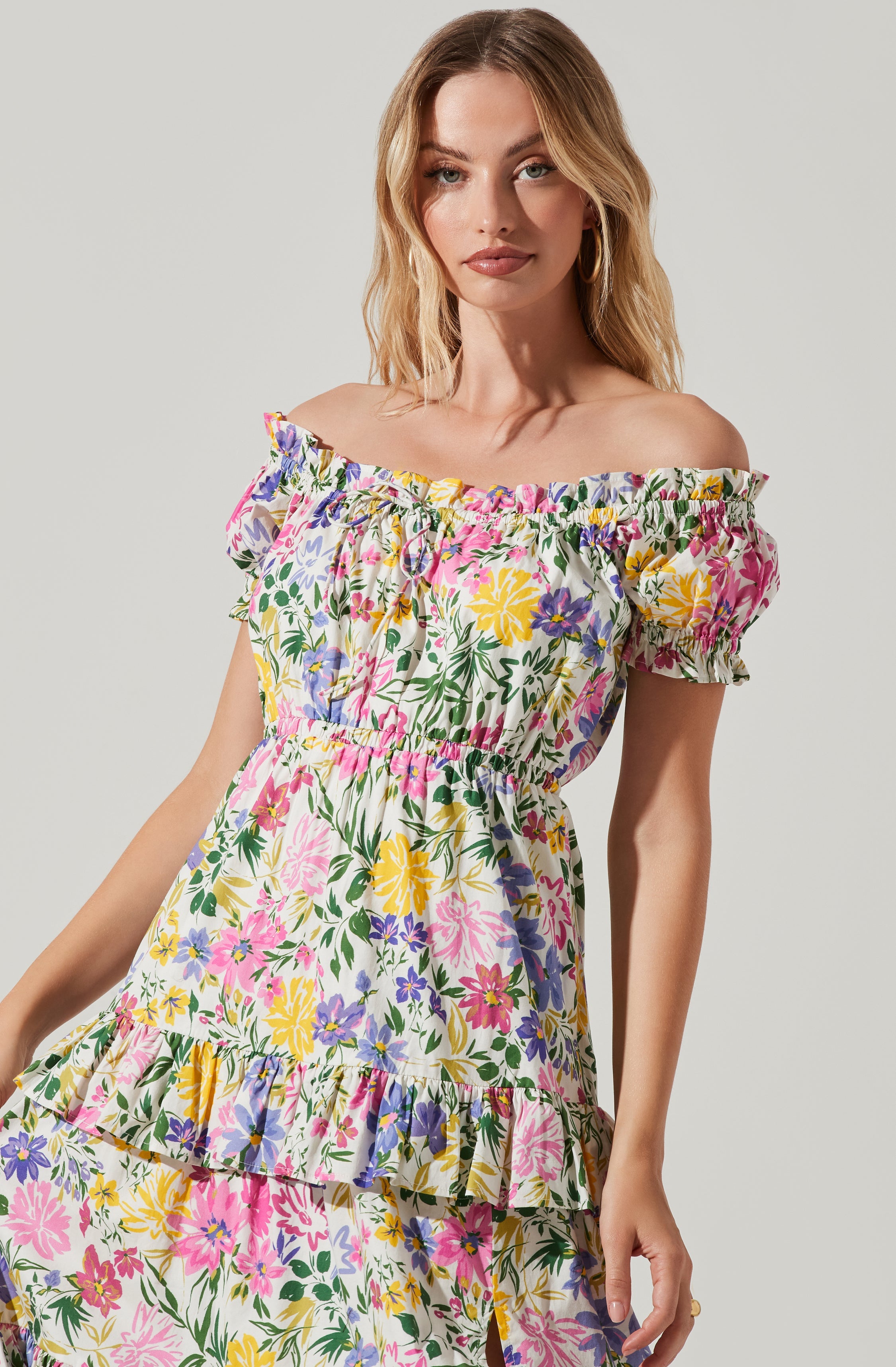 Viona Floral Off Shoulder Tiered Maxi Dress-Aljck