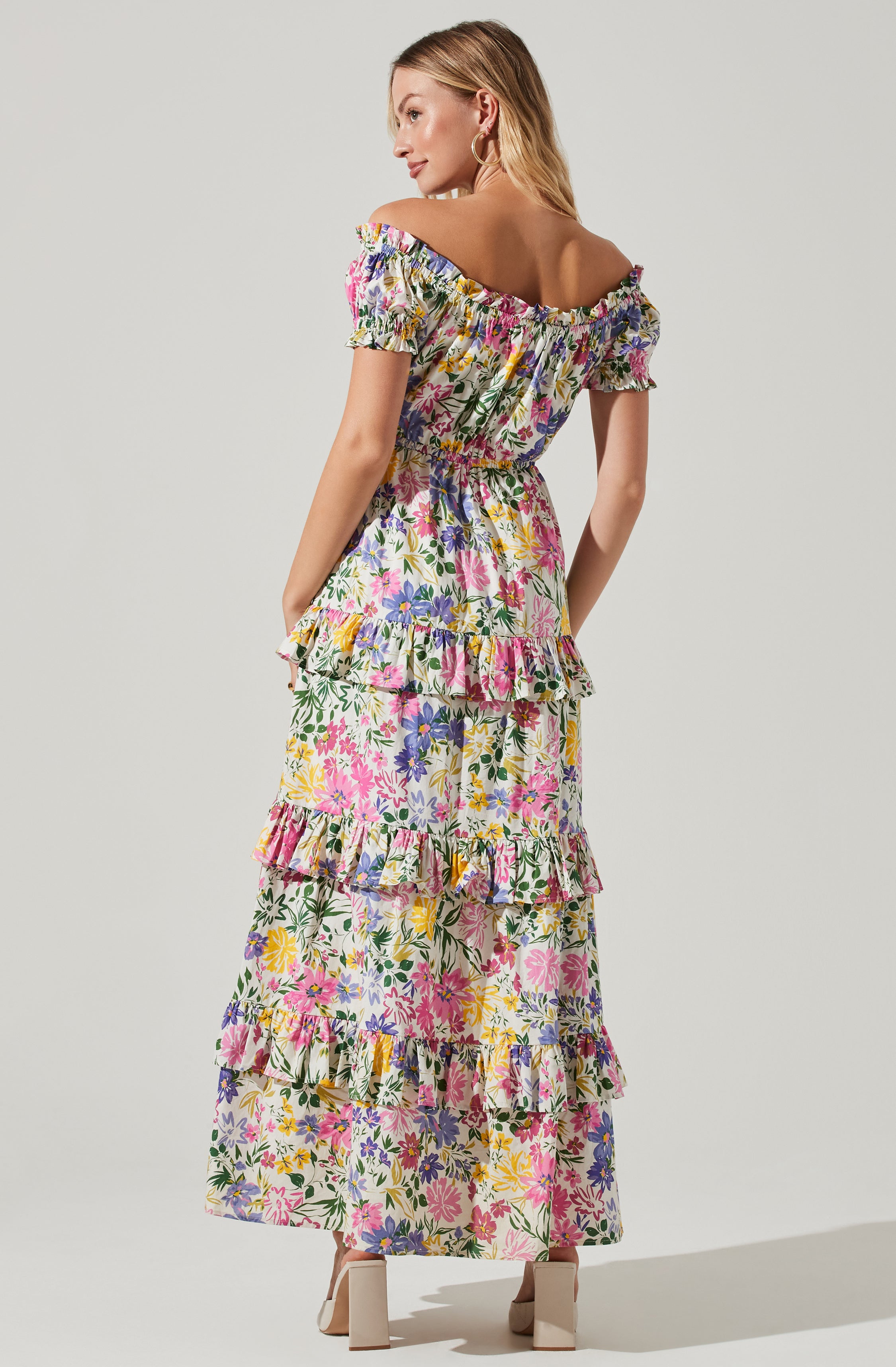 Viona Floral Off Shoulder Tiered Maxi Dress-Aljck