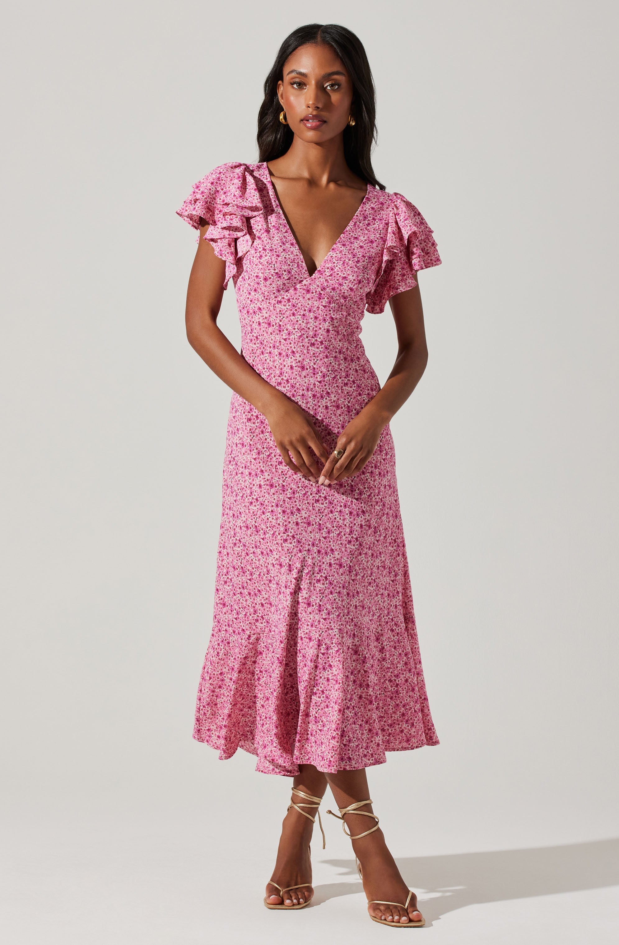 Celestine Floral Flutter Sleeve Midi Dress-Aljck