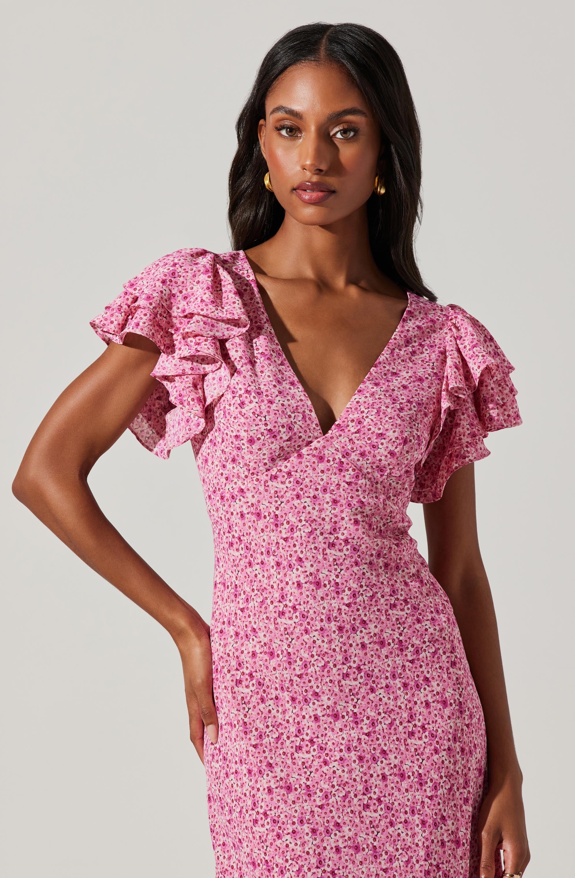Celestine Floral Flutter Sleeve Midi Dress-Aljck