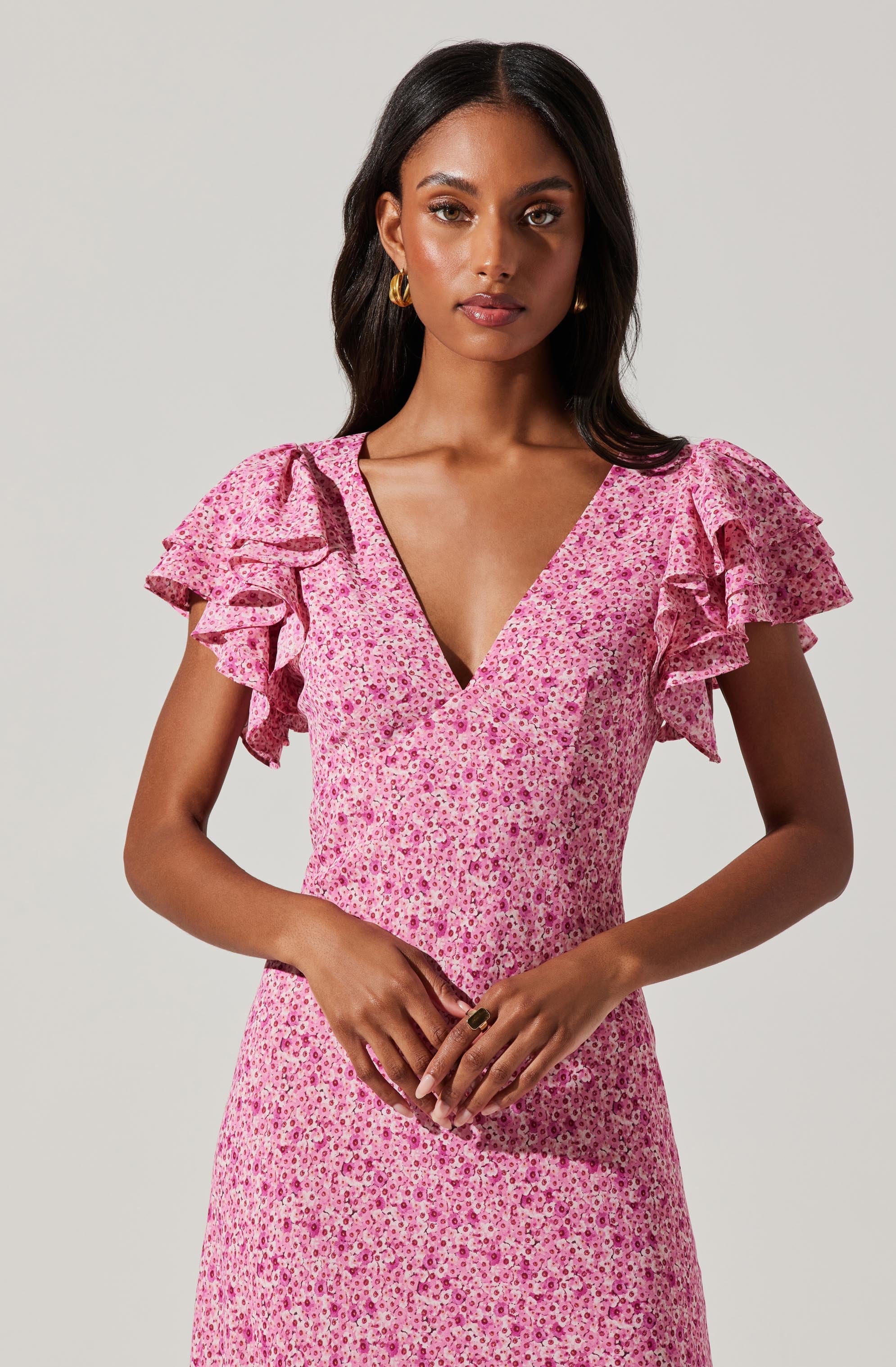 Celestine Floral Flutter Sleeve Midi Dress-Aljck
