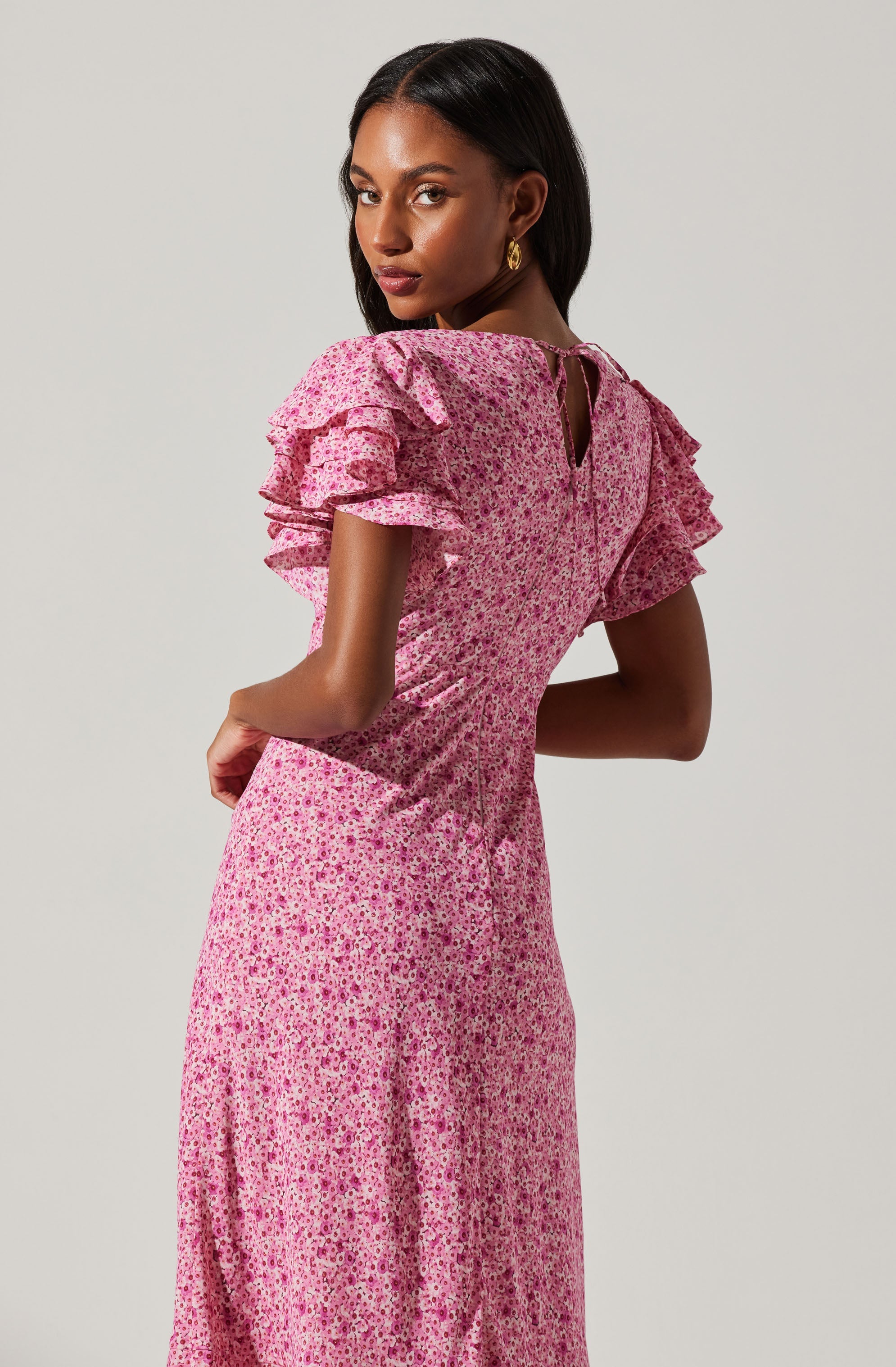 Celestine Floral Flutter Sleeve Midi Dress-Aljck