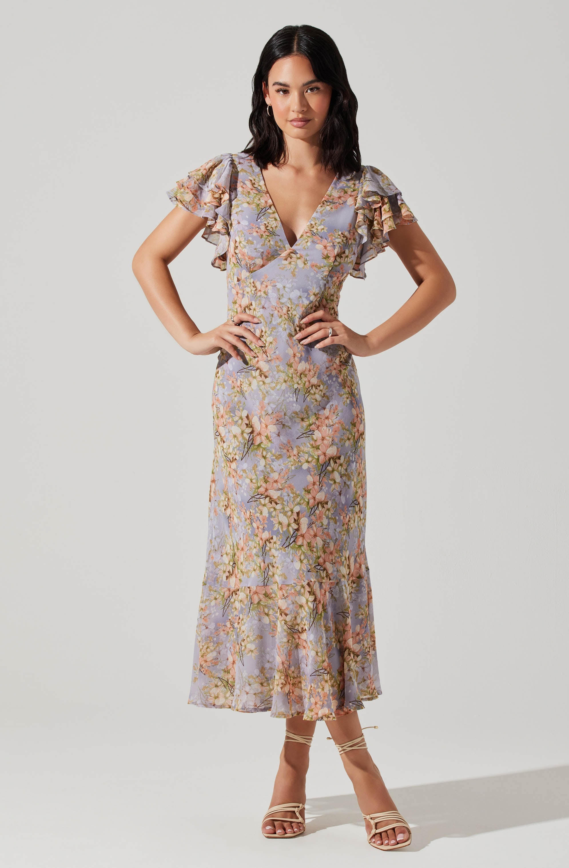 Celestine Floral Flutter Sleeve Midi Dress-Aljck