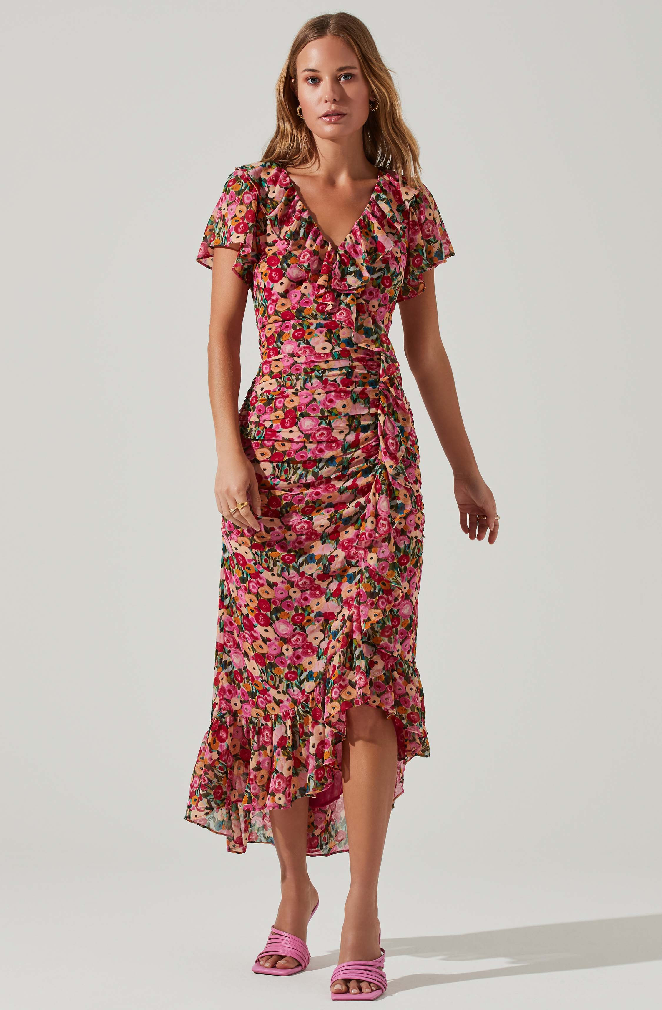 Vilma Floral Ruched Midi Dress-Aljck