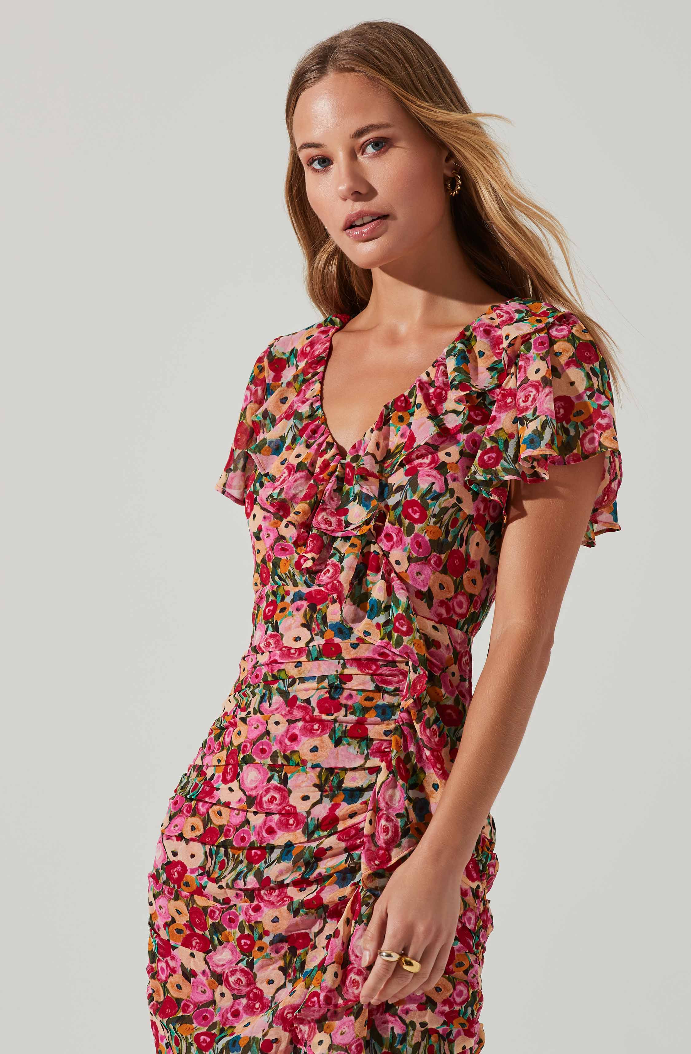 Vilma Floral Ruched Midi Dress-Aljck