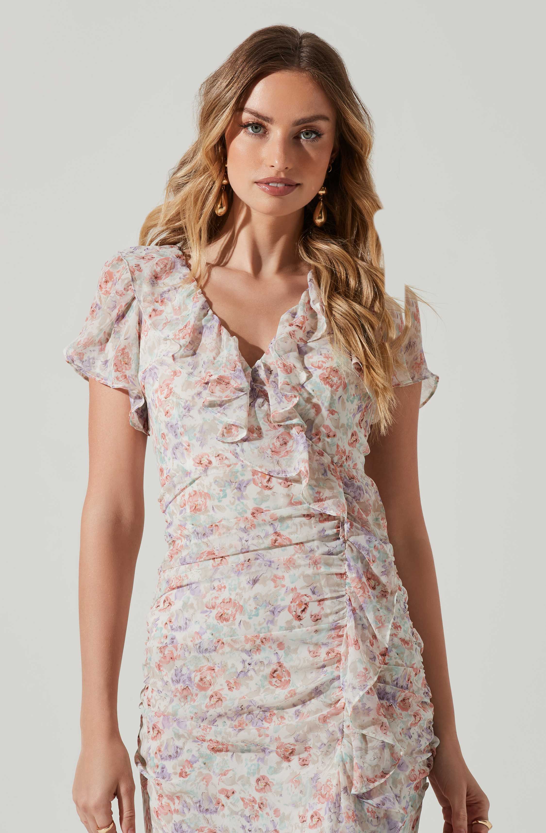 Vilma Floral Ruffle Ruched Midi Dress-Aljck