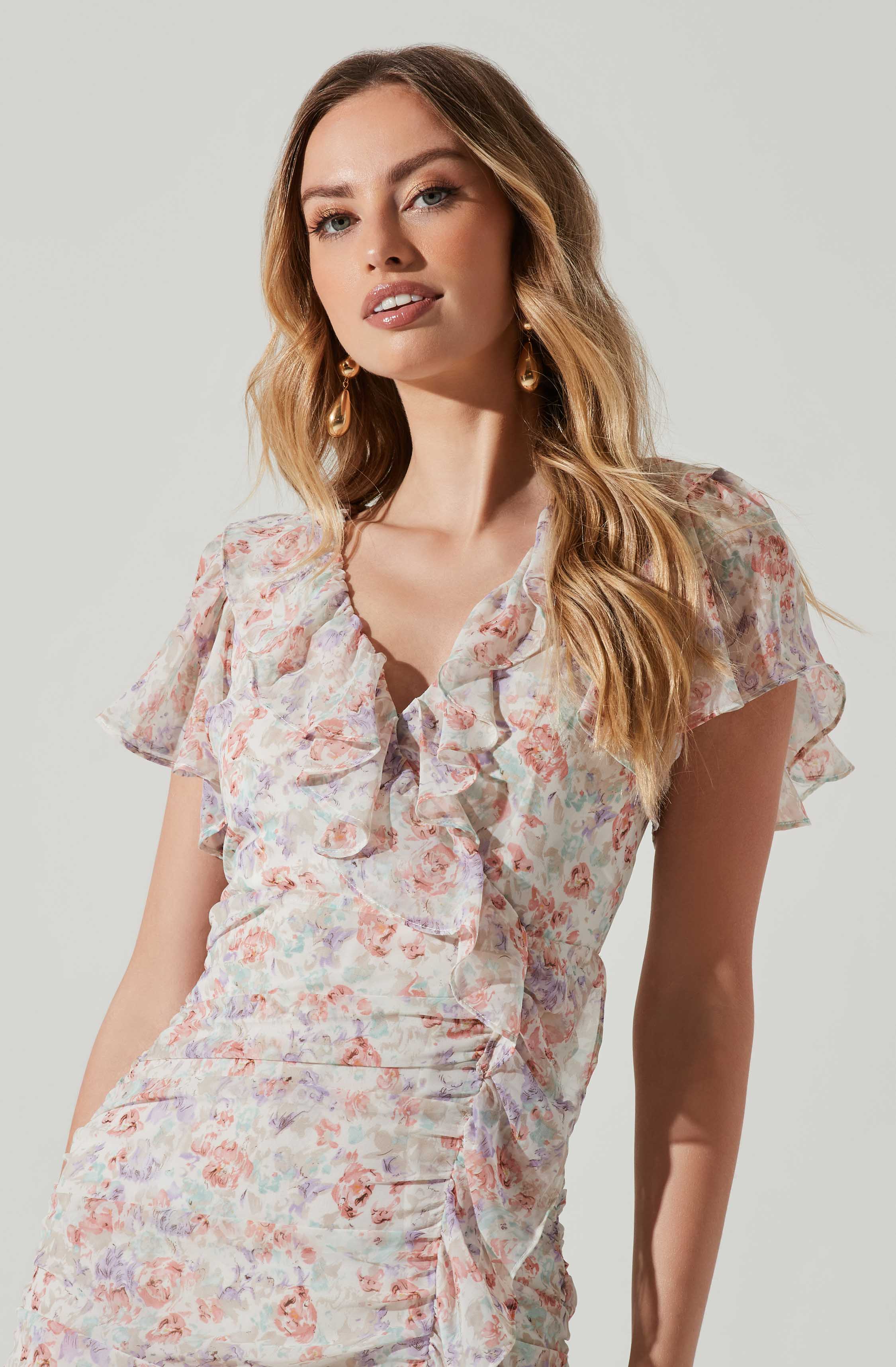 Vilma Floral Ruffle Ruched Midi Dress-Aljck