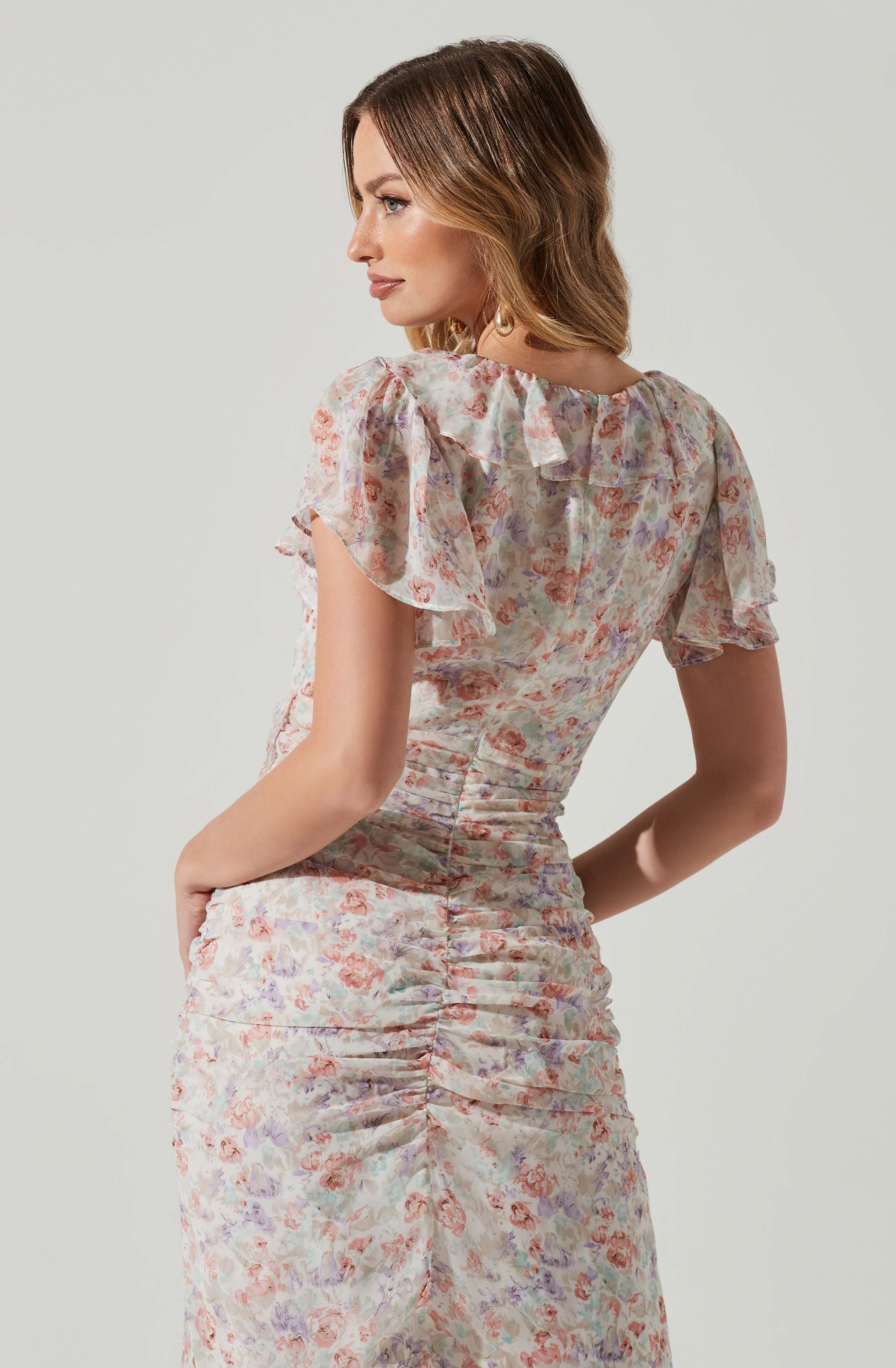 Vilma Floral Ruffle Ruched Midi Dress-Aljck