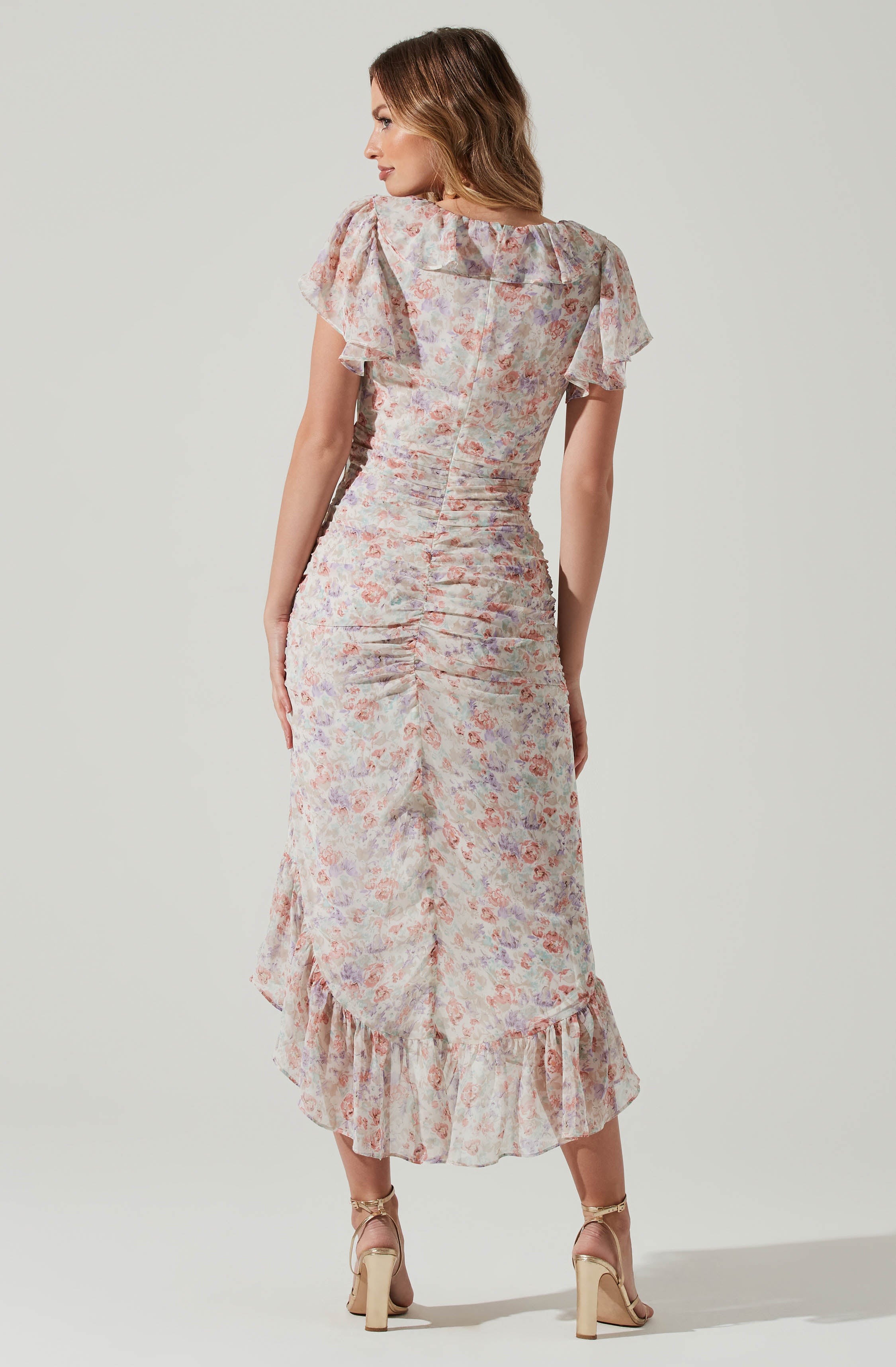 Vilma Floral Ruffle Ruched Midi Dress-Aljck