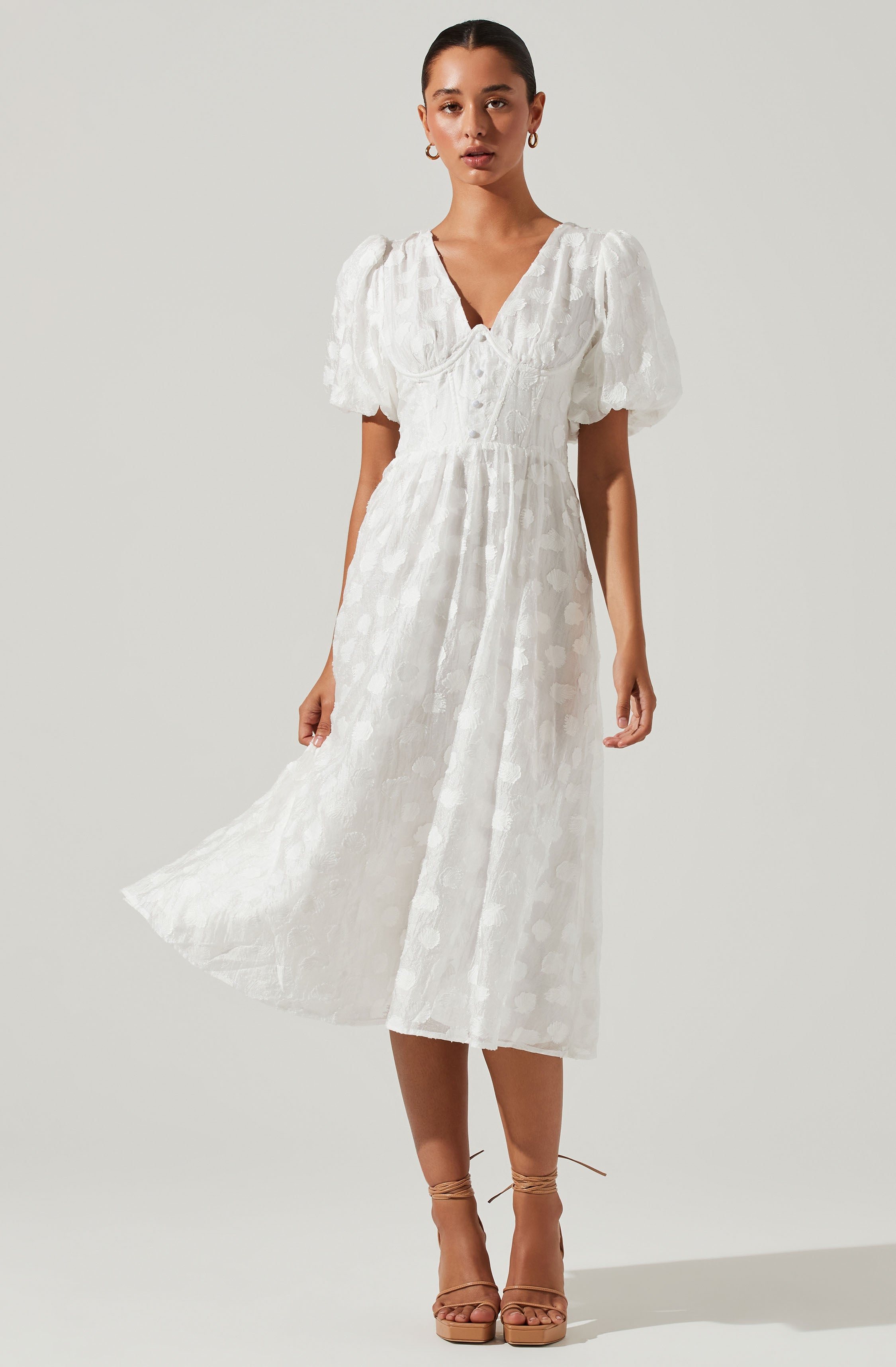 Sandy Polka Dot Puff Sleeve Midi Dress-Aljck