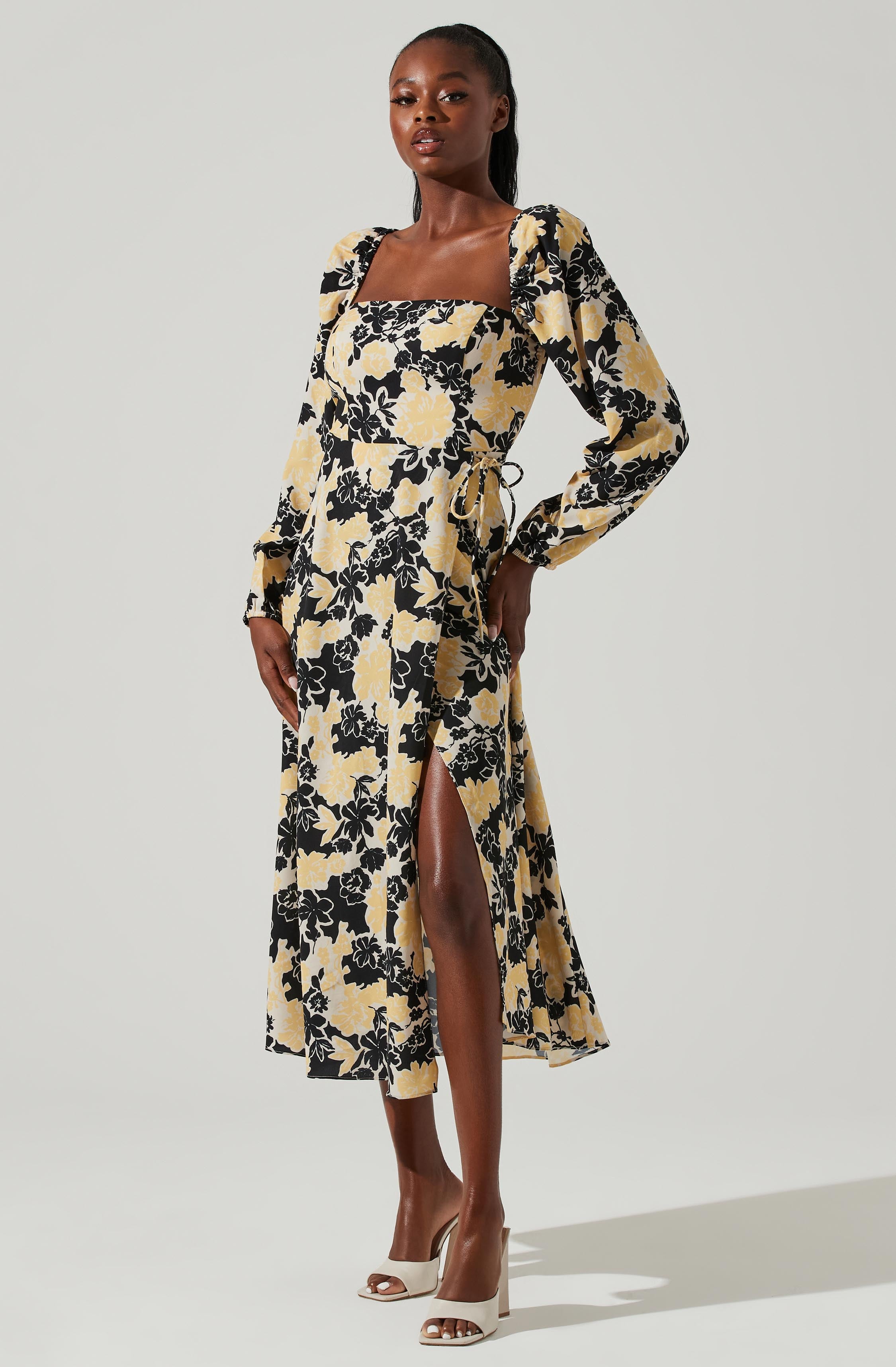 Hayden Floral Square Neck Tie Waist Midi Dress-Aljck