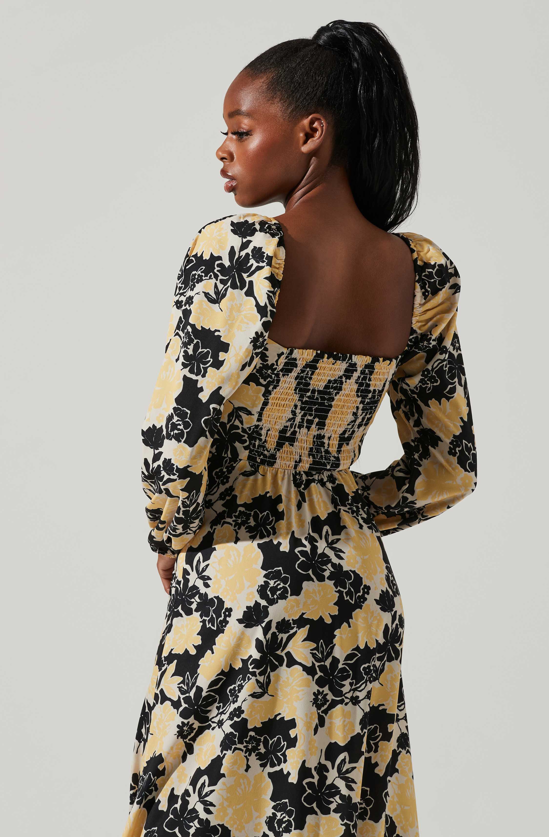 Hayden Floral Square Neck Tie Waist Midi Dress-Aljck