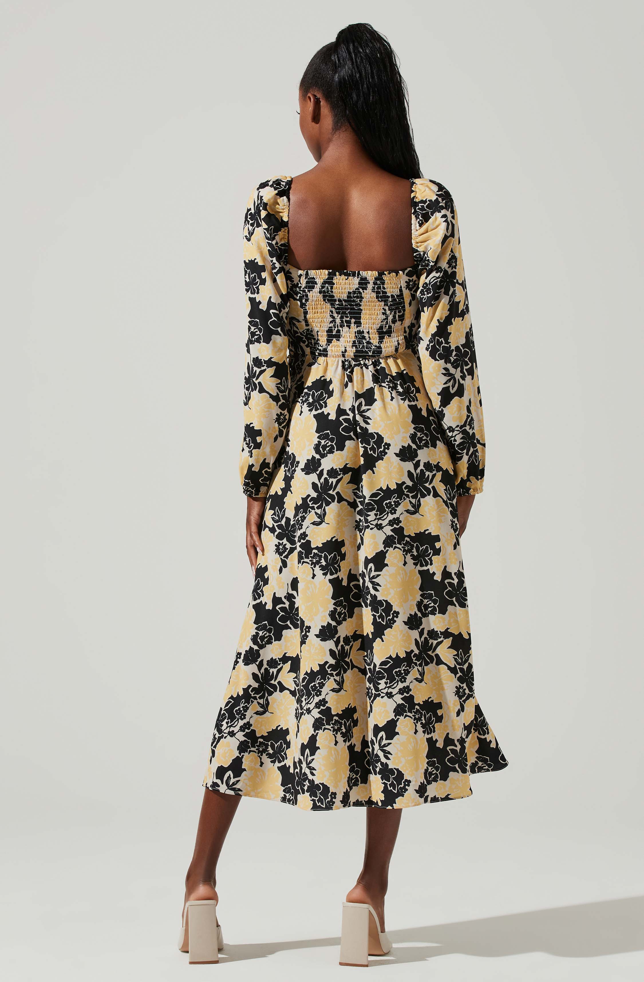 Hayden Floral Square Neck Tie Waist Midi Dress-Aljck
