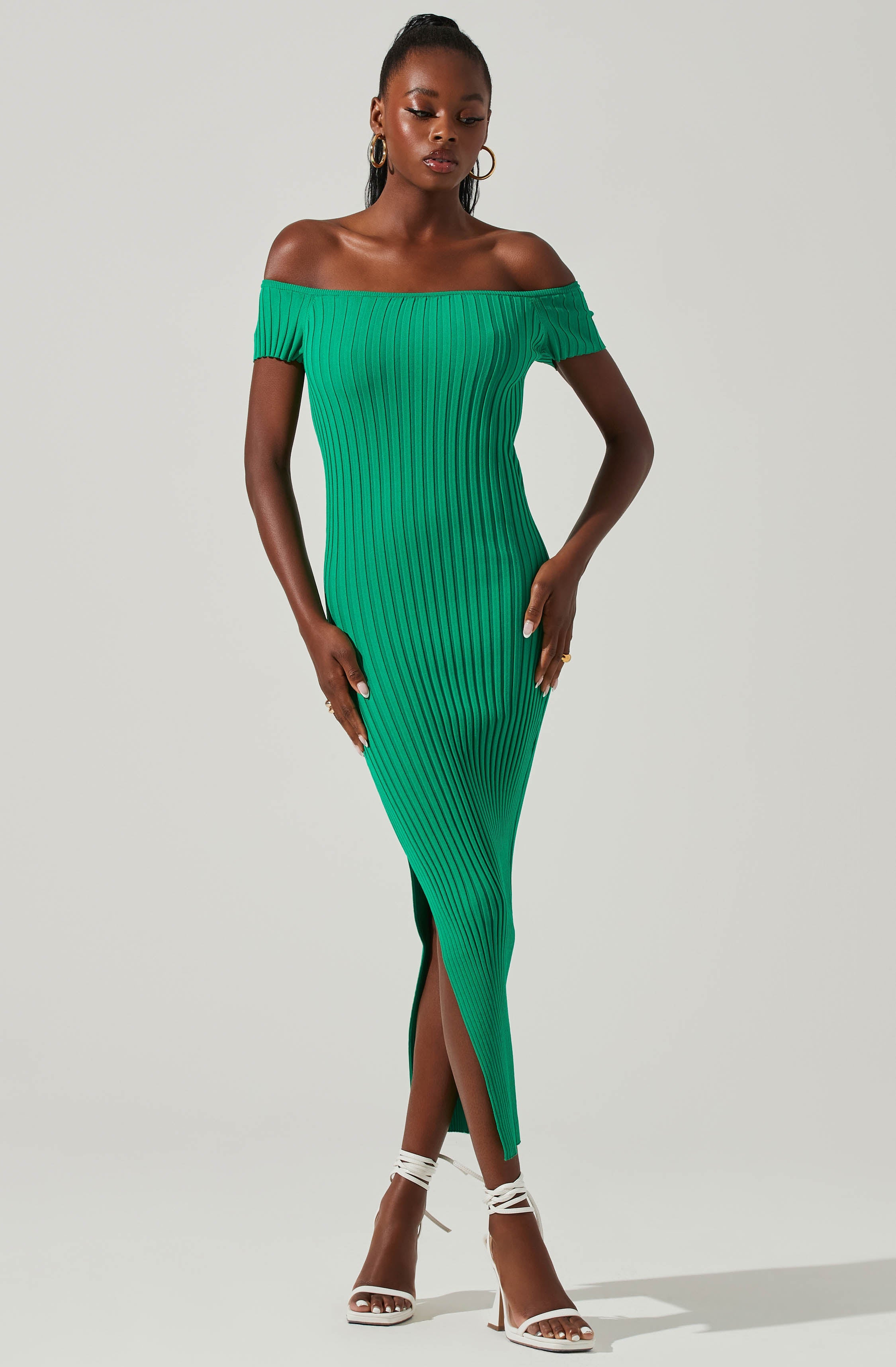 Loriana Ribbed Knit Off Shoulder Midi Dress-Aljck