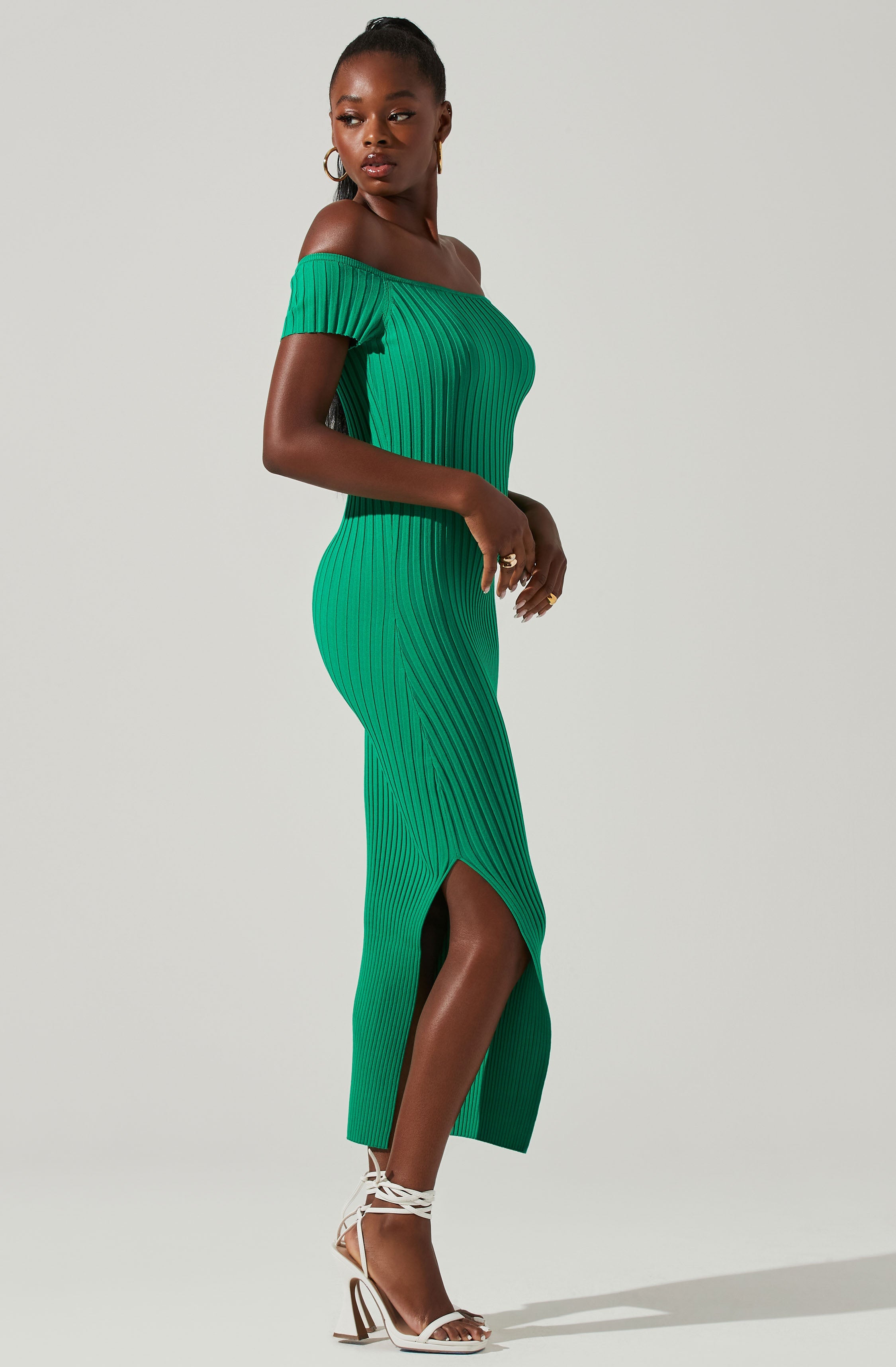 Loriana Ribbed Knit Off Shoulder Midi Dress-Aljck