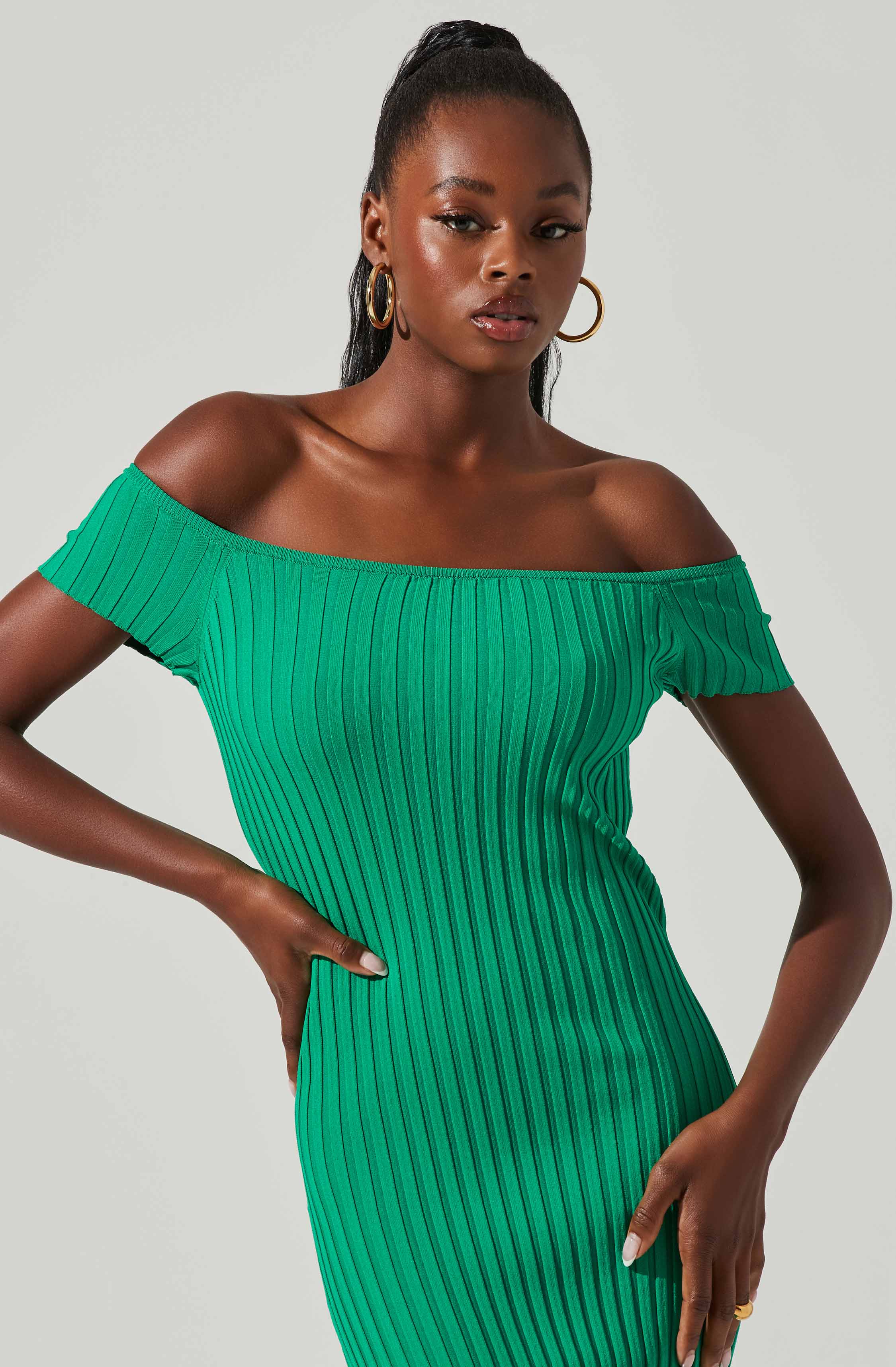 Loriana Ribbed Knit Off Shoulder Midi Dress-Aljck