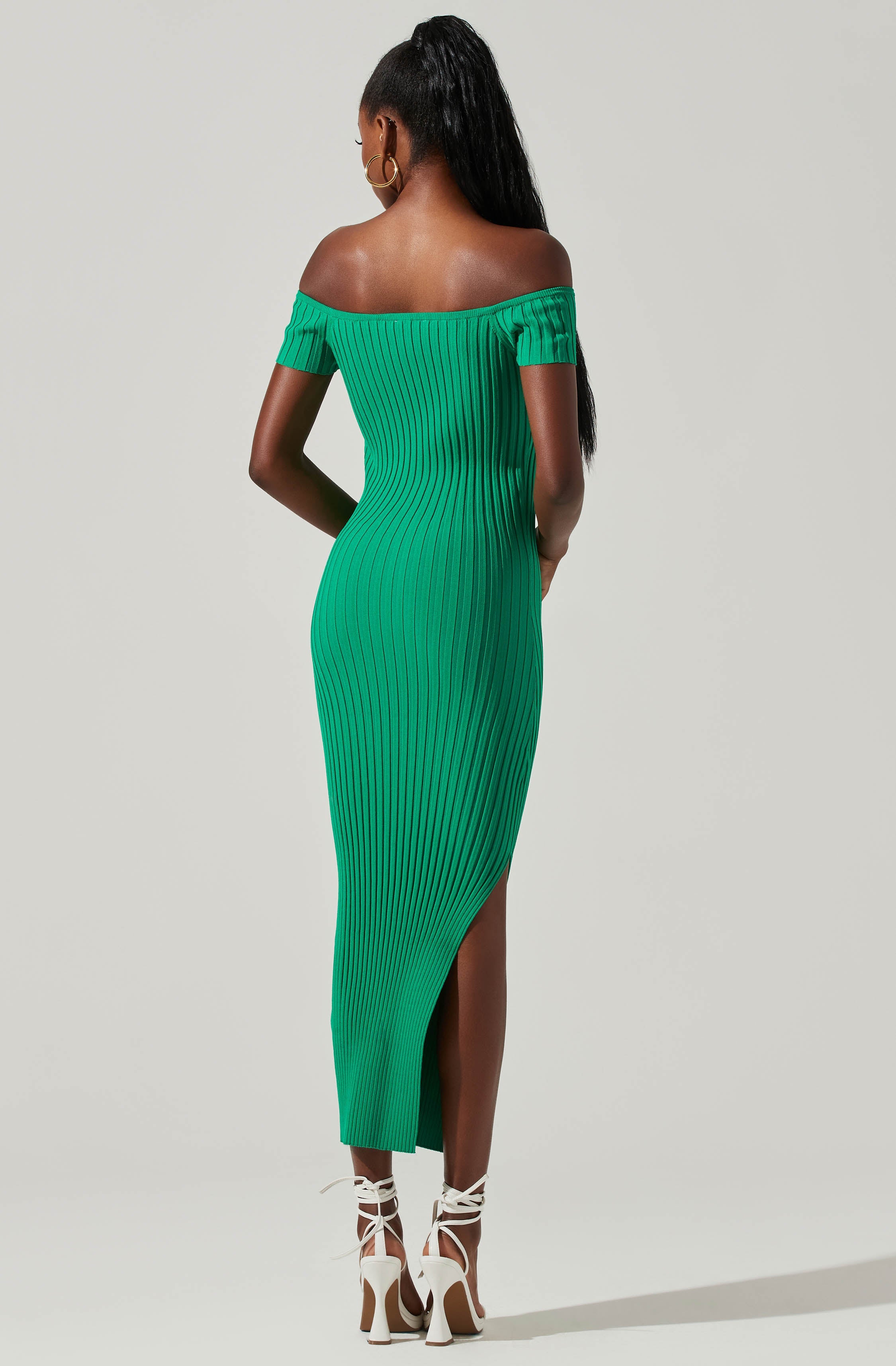 Loriana Ribbed Knit Off Shoulder Midi Dress-Aljck