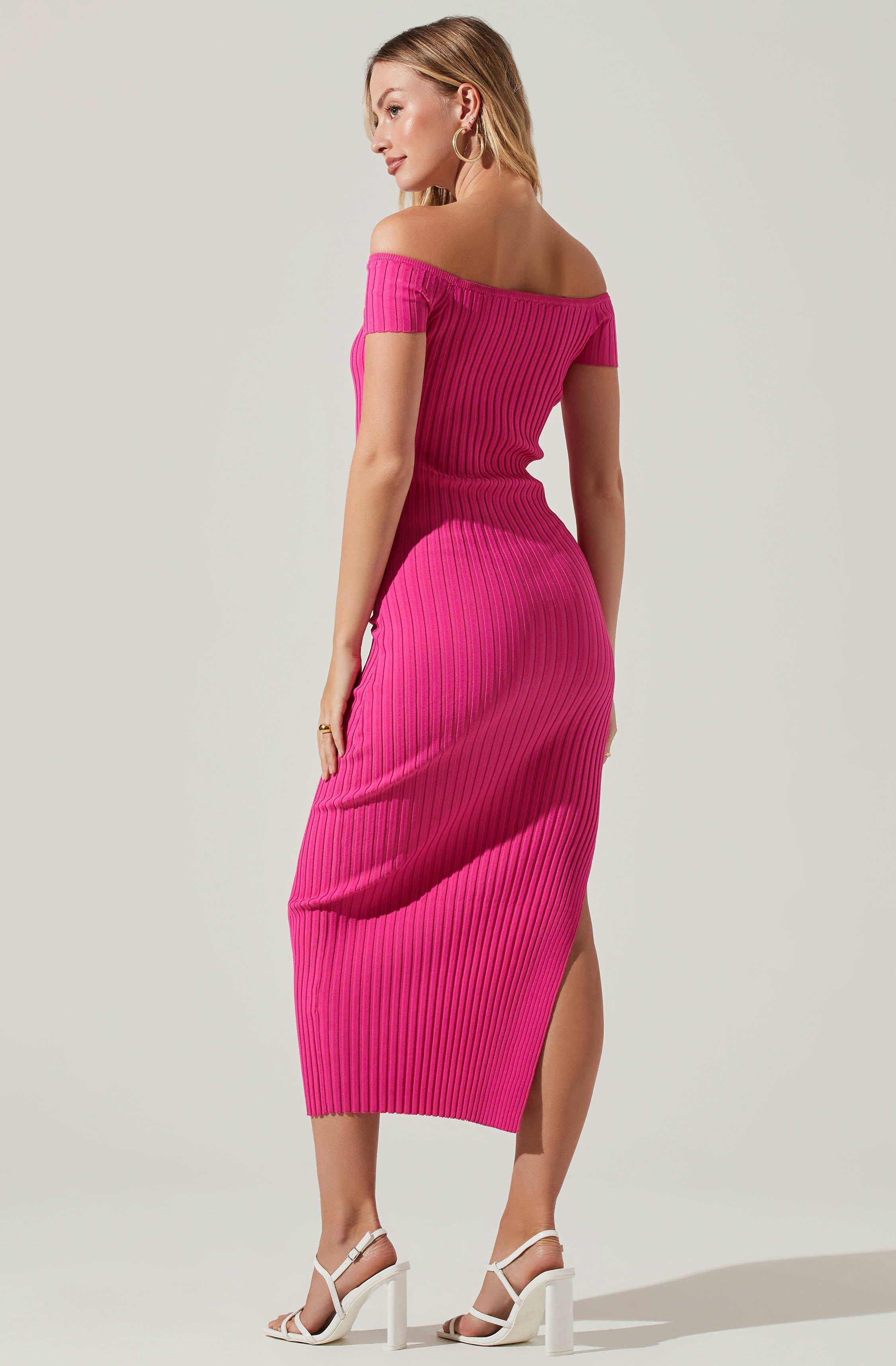 Loriana Ribbed Knit Off Shoulder Midi Dress-Aljck