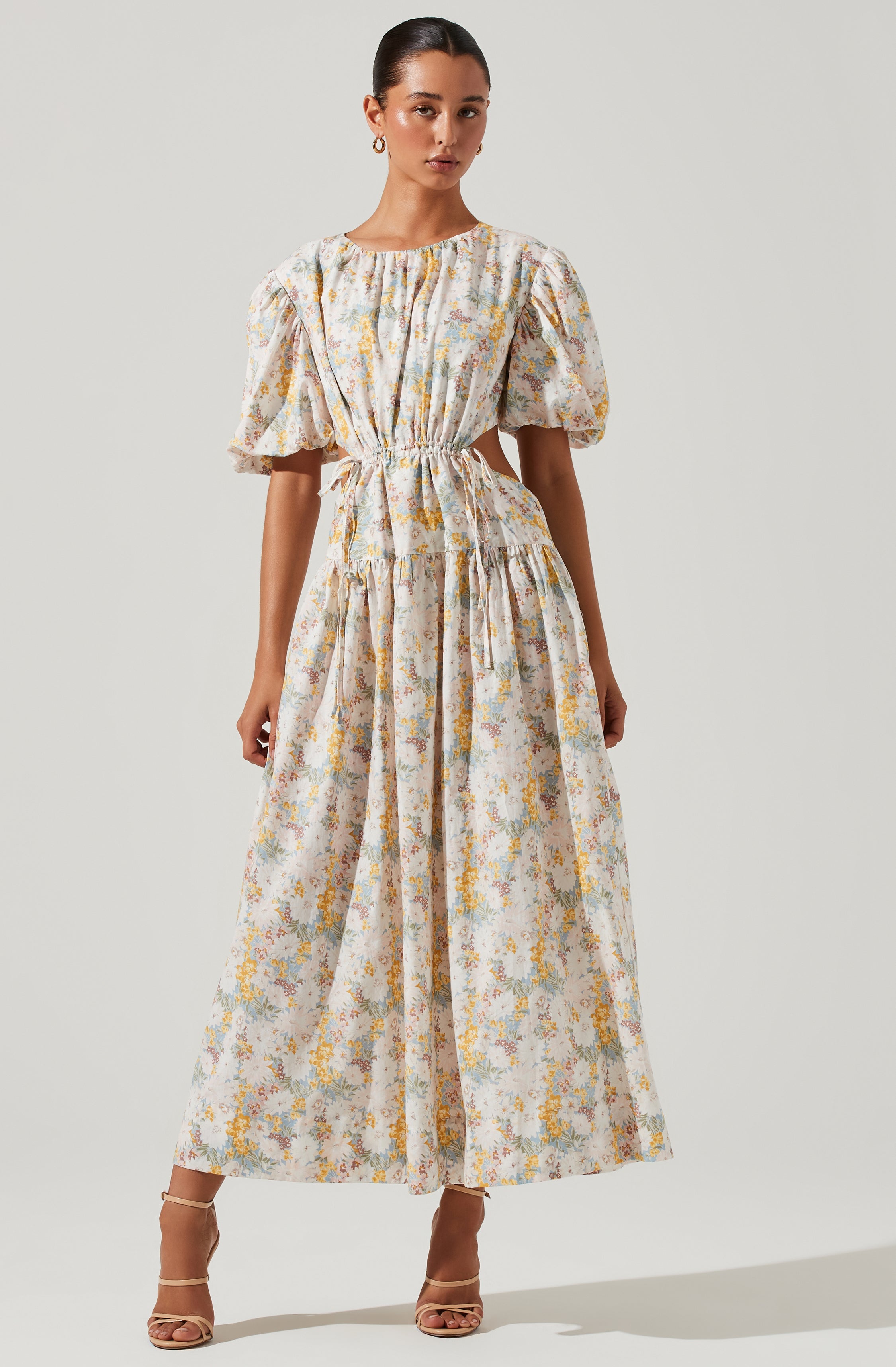 Shelby Floral Puff Sleeve Open Back Maxi Dress-Aljck