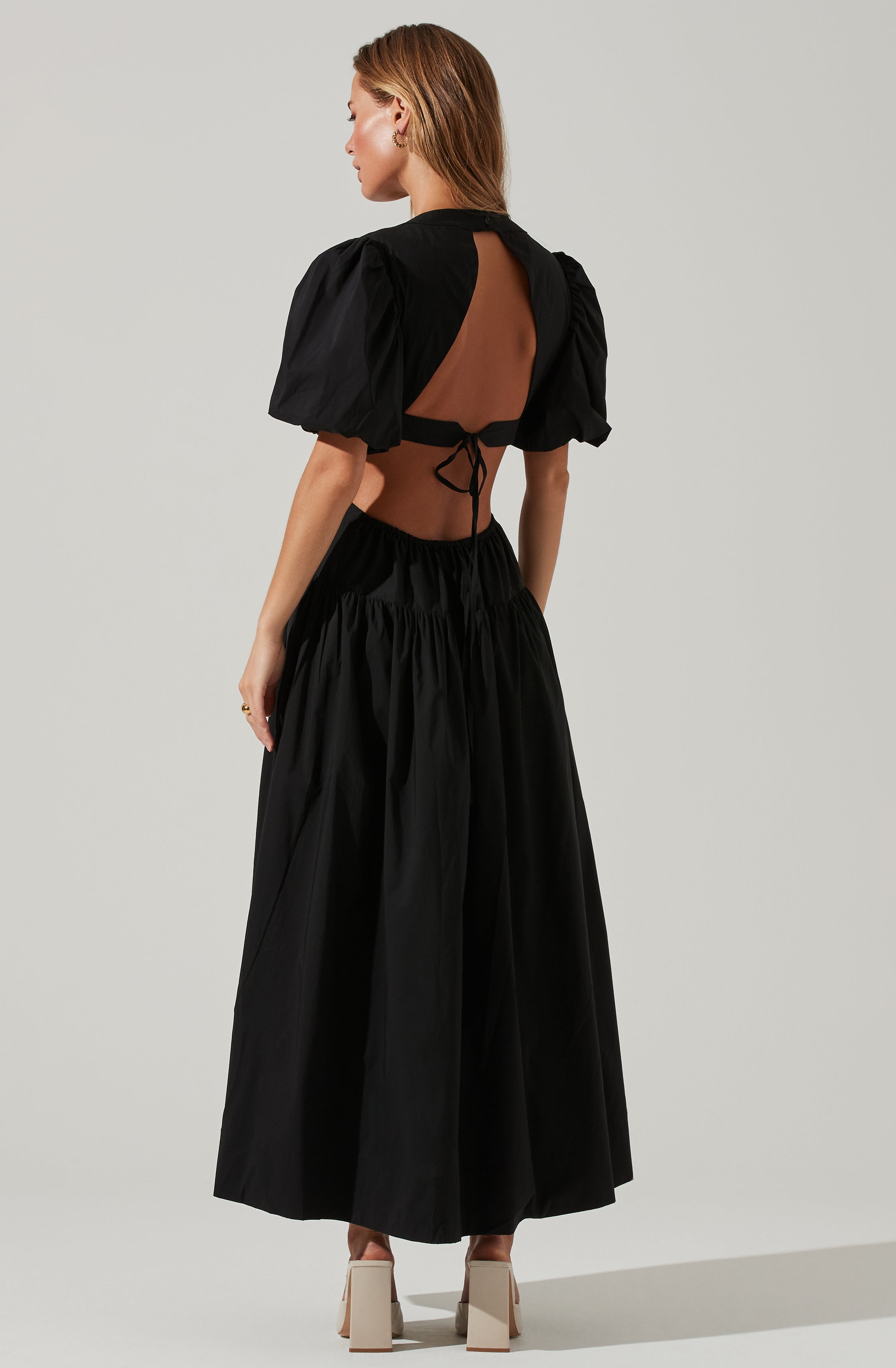 Shelby Puff Sleeve Open Back Maxi Dress-Aljck