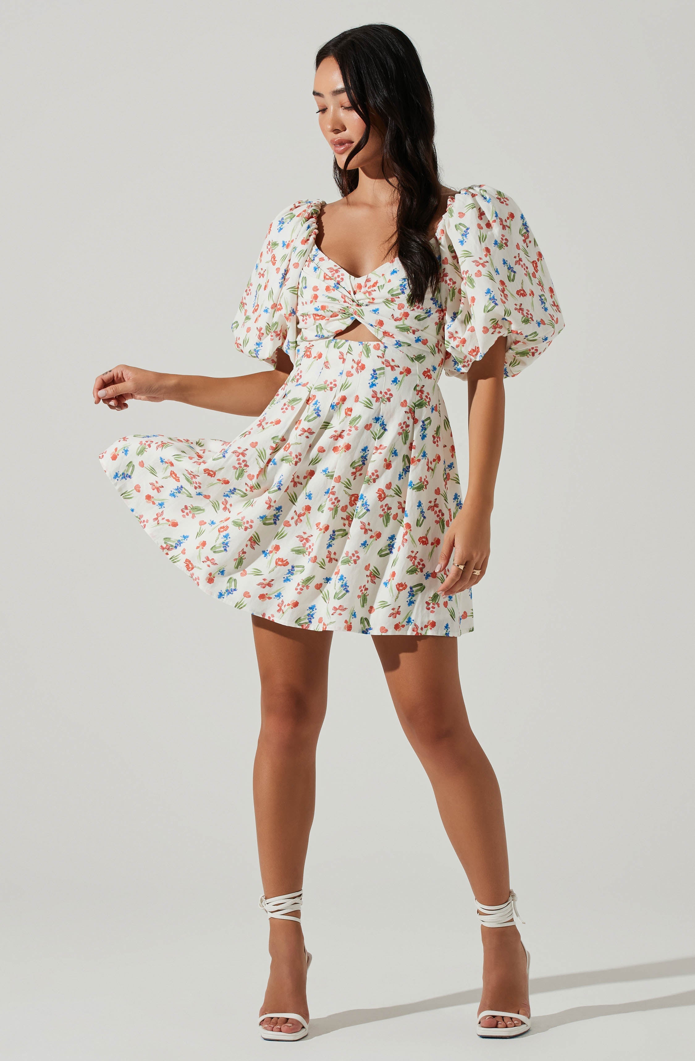 Serilda Cutout Puff Sleeve Floral Mini Dress-Aljck