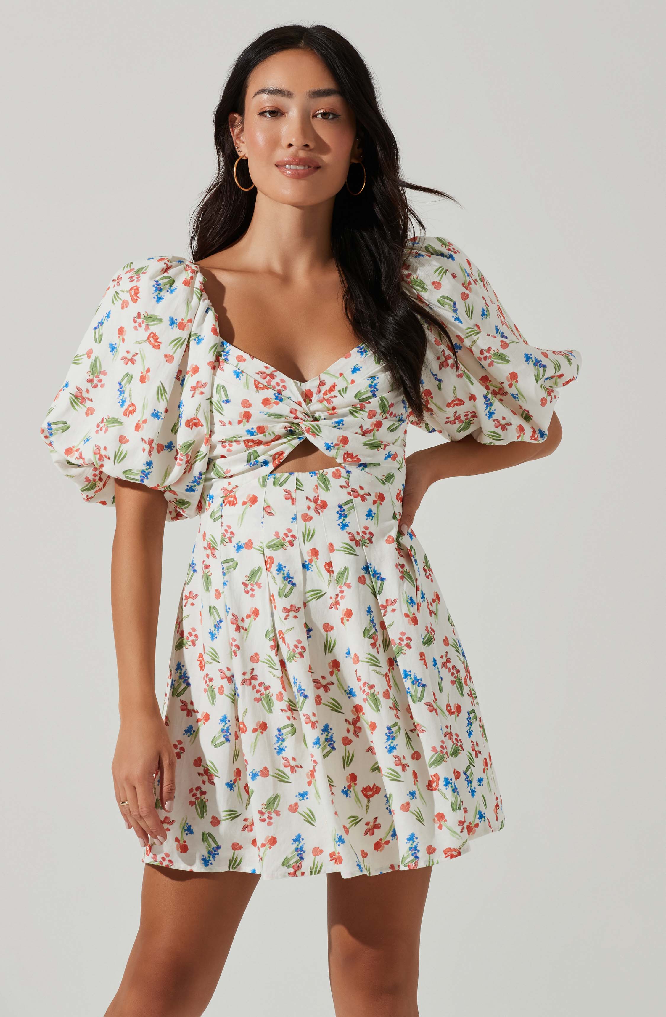 Serilda Cutout Puff Sleeve Floral Mini Dress-Aljck