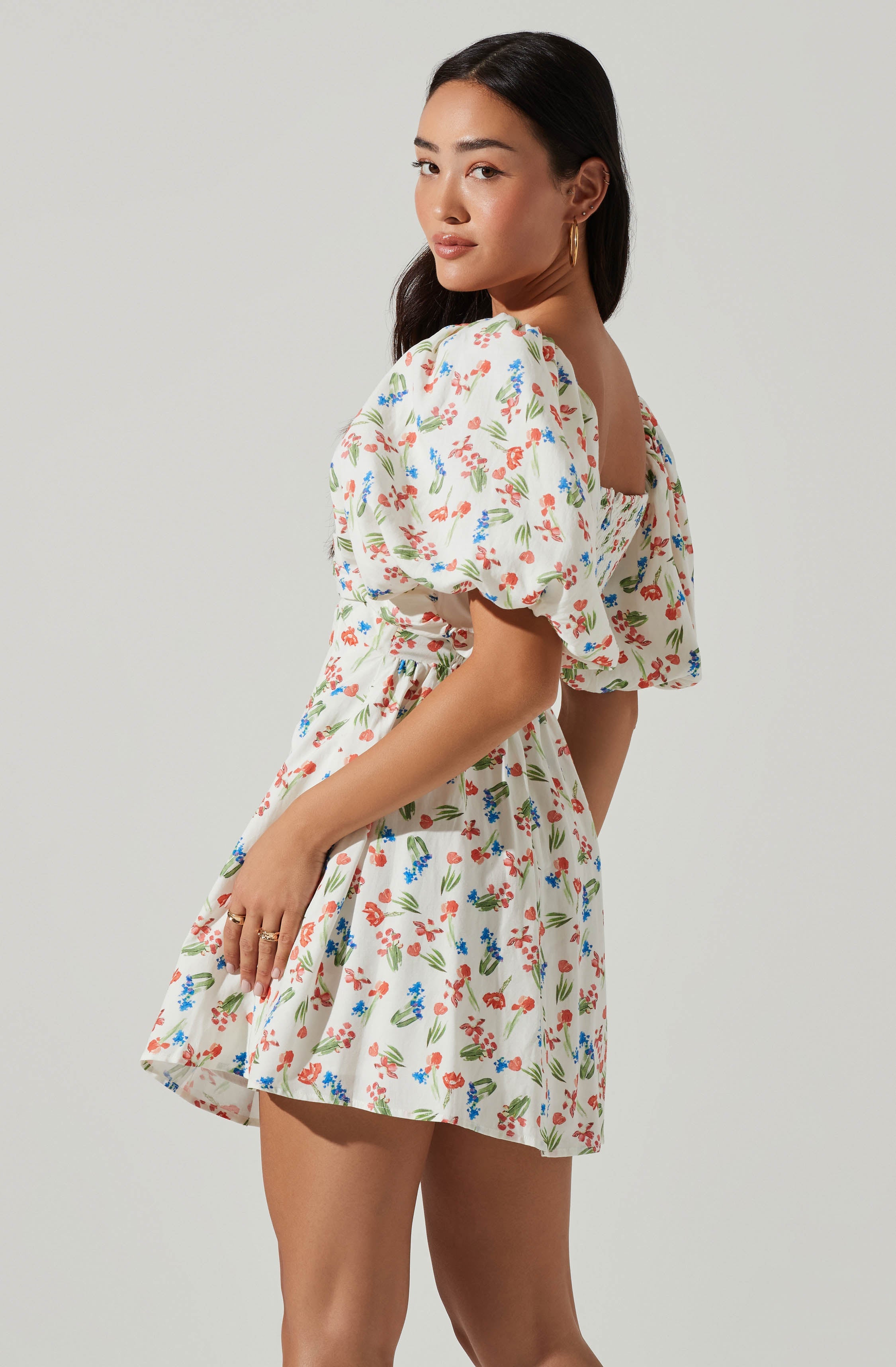 Serilda Cutout Puff Sleeve Floral Mini Dress-Aljck