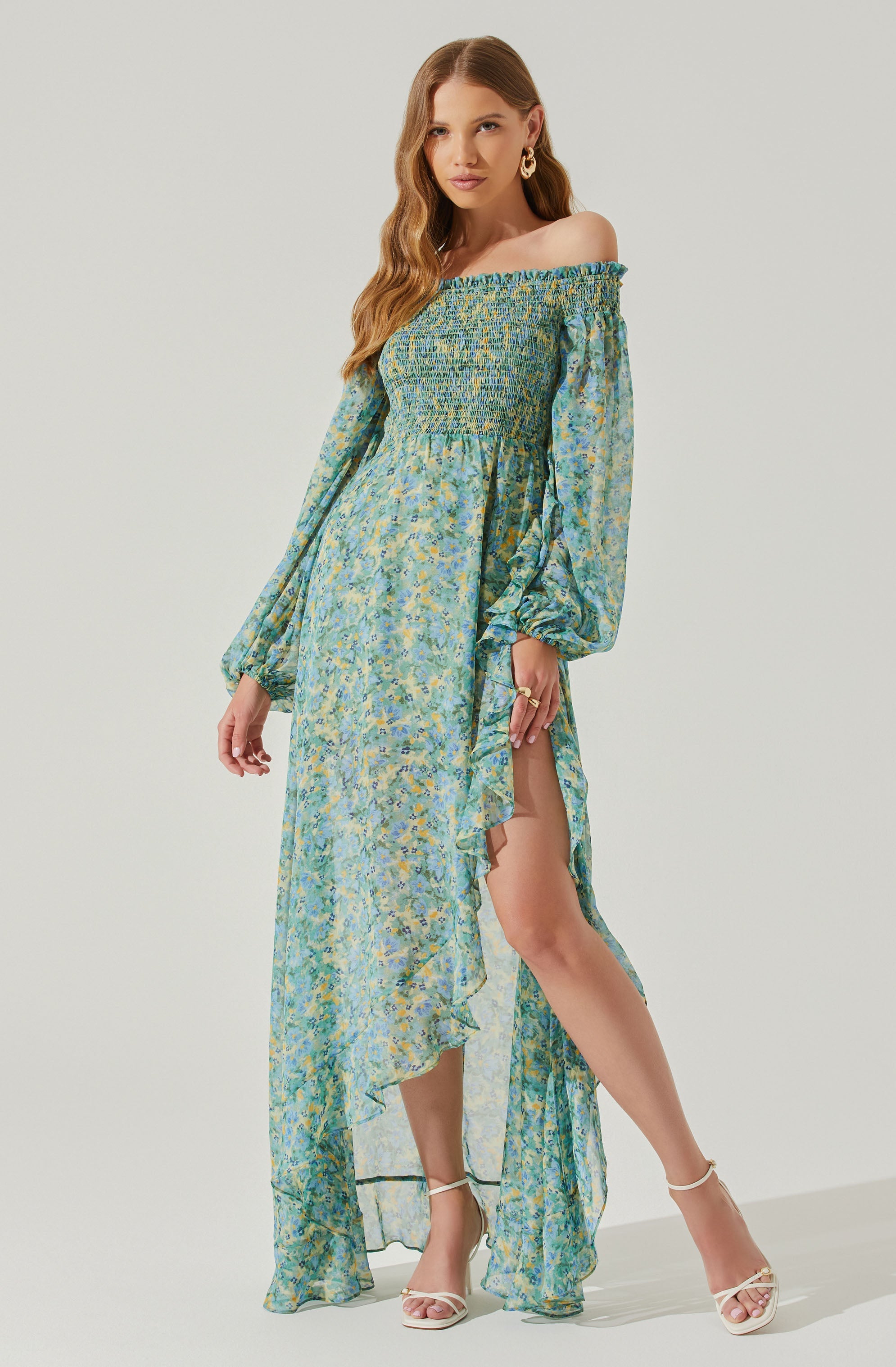 Katlynne Floral Off Shoulder Long Sleeve Maxi Dress-Aljck