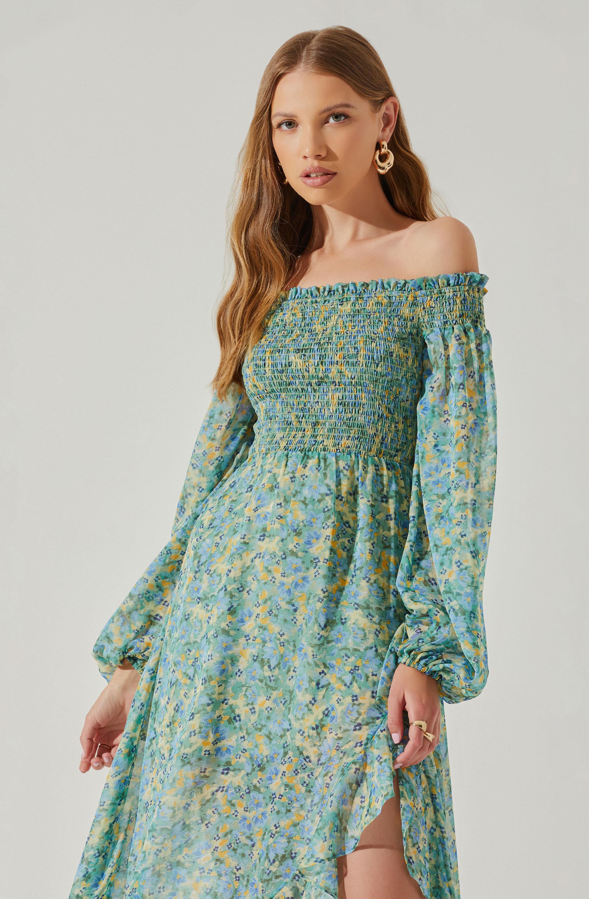 Katlynne Floral Off Shoulder Long Sleeve Maxi Dress-Aljck